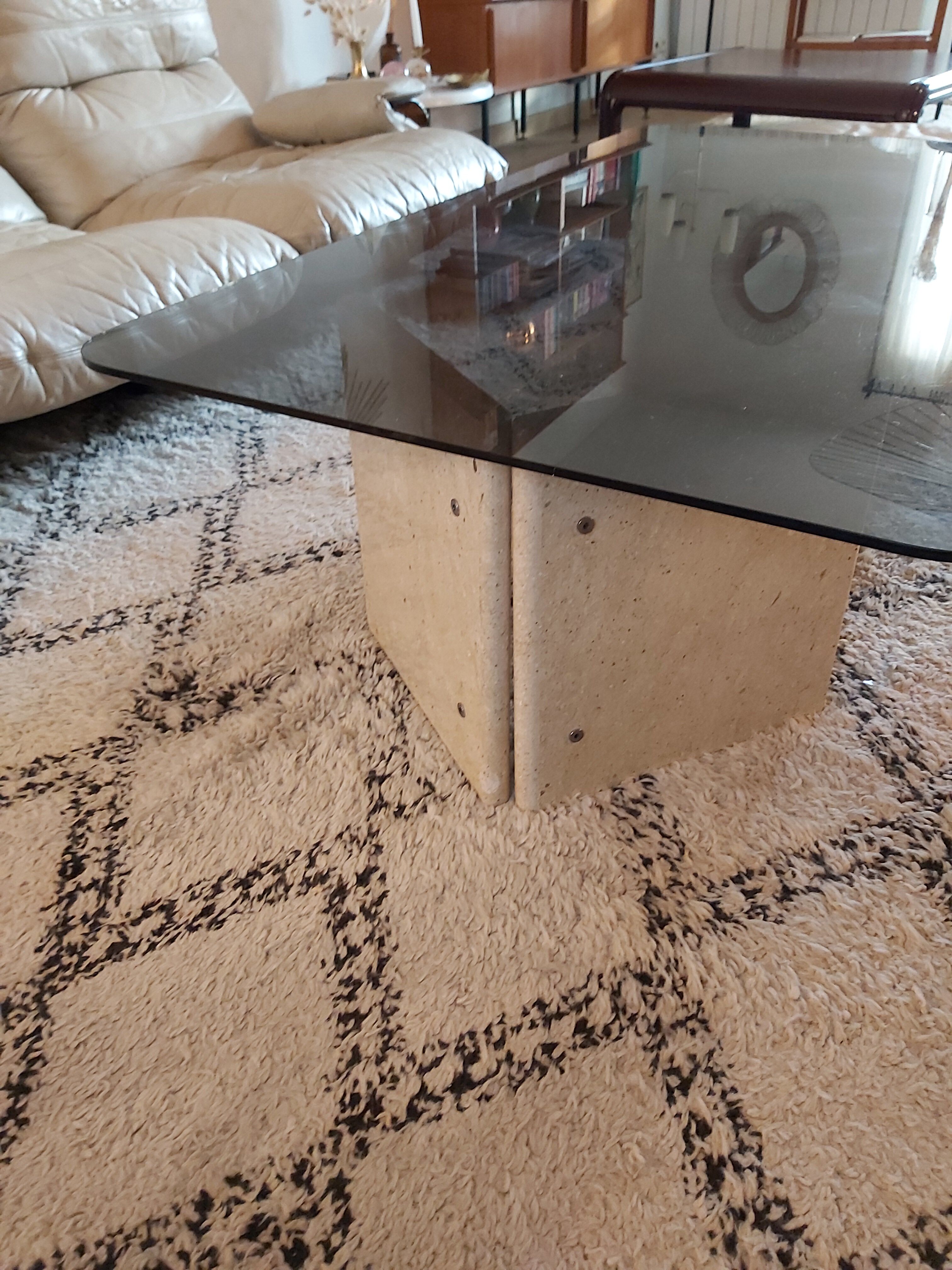 Large travertine coffee table and smoked glass