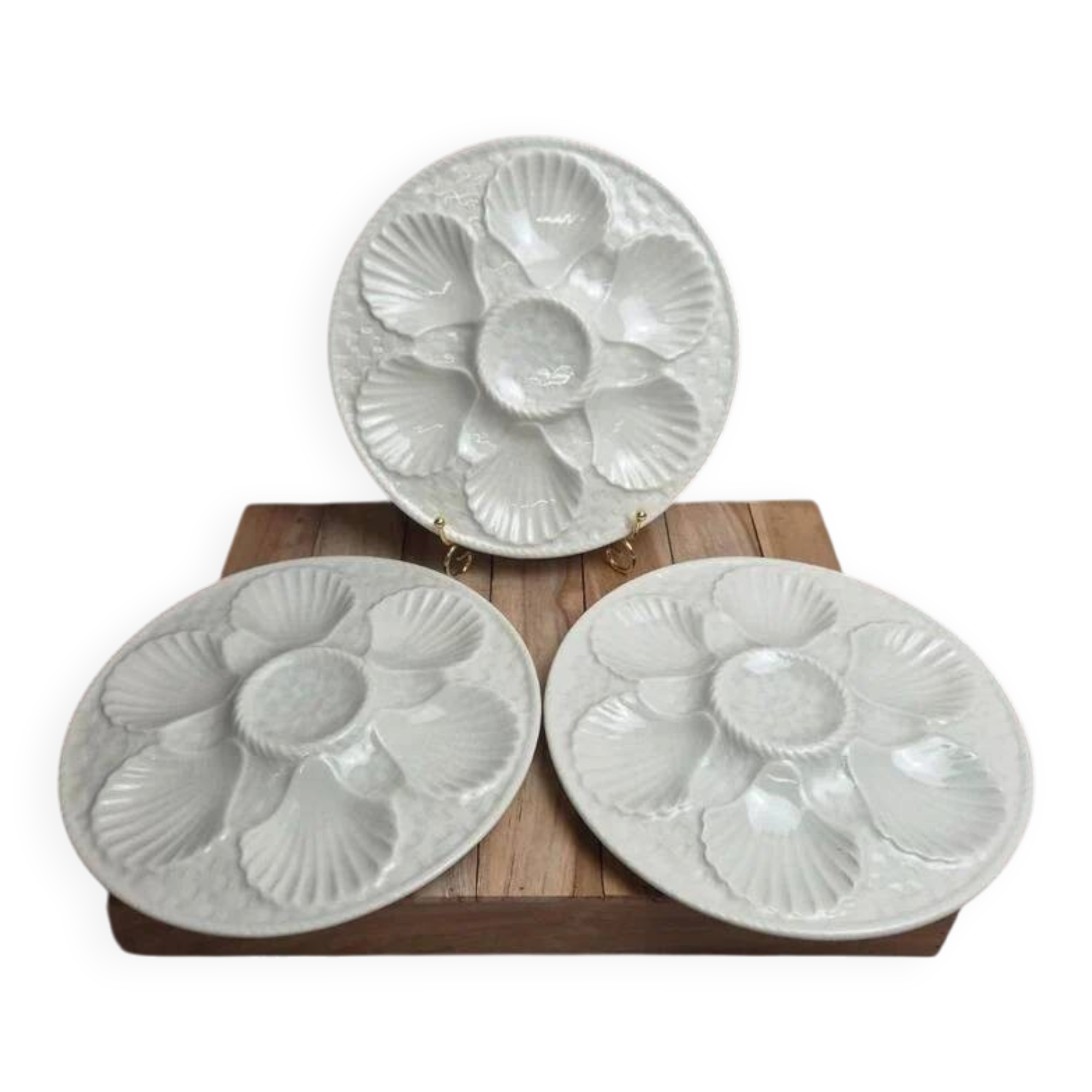 Set of 3 oyster/shell plates Chantilly France – cracked white
