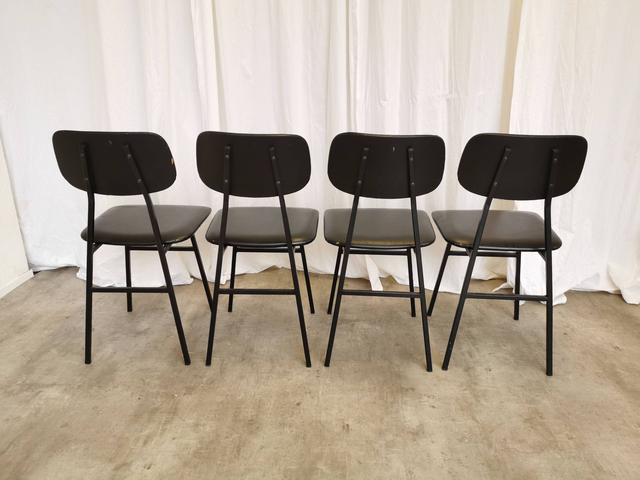 SET of 4 Vintage School Chairs /Black Leather / STOL Kamnik 80s Yugoslavia