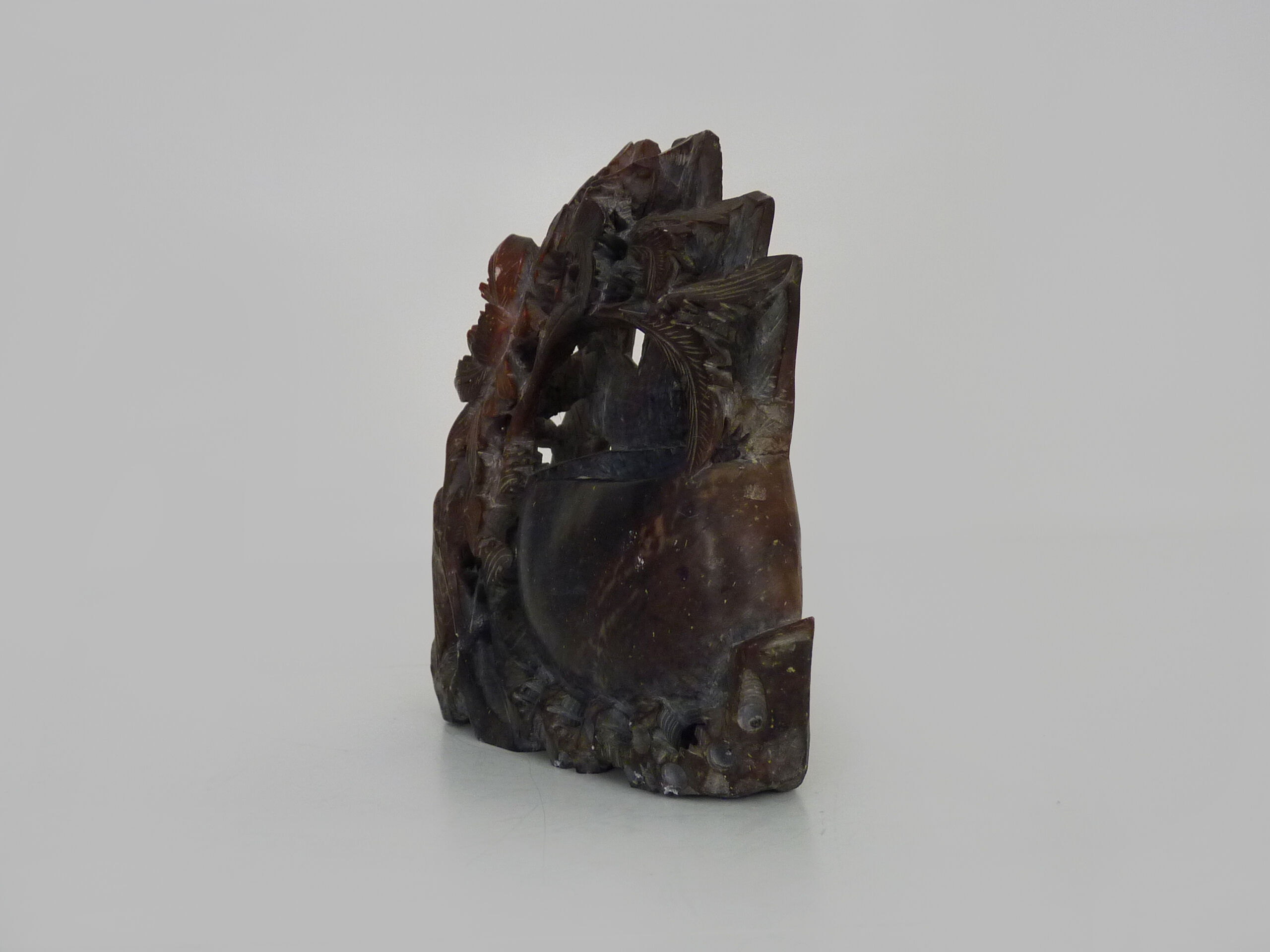 Vintage Chinese carved stone vase with chrysanthemum flowers