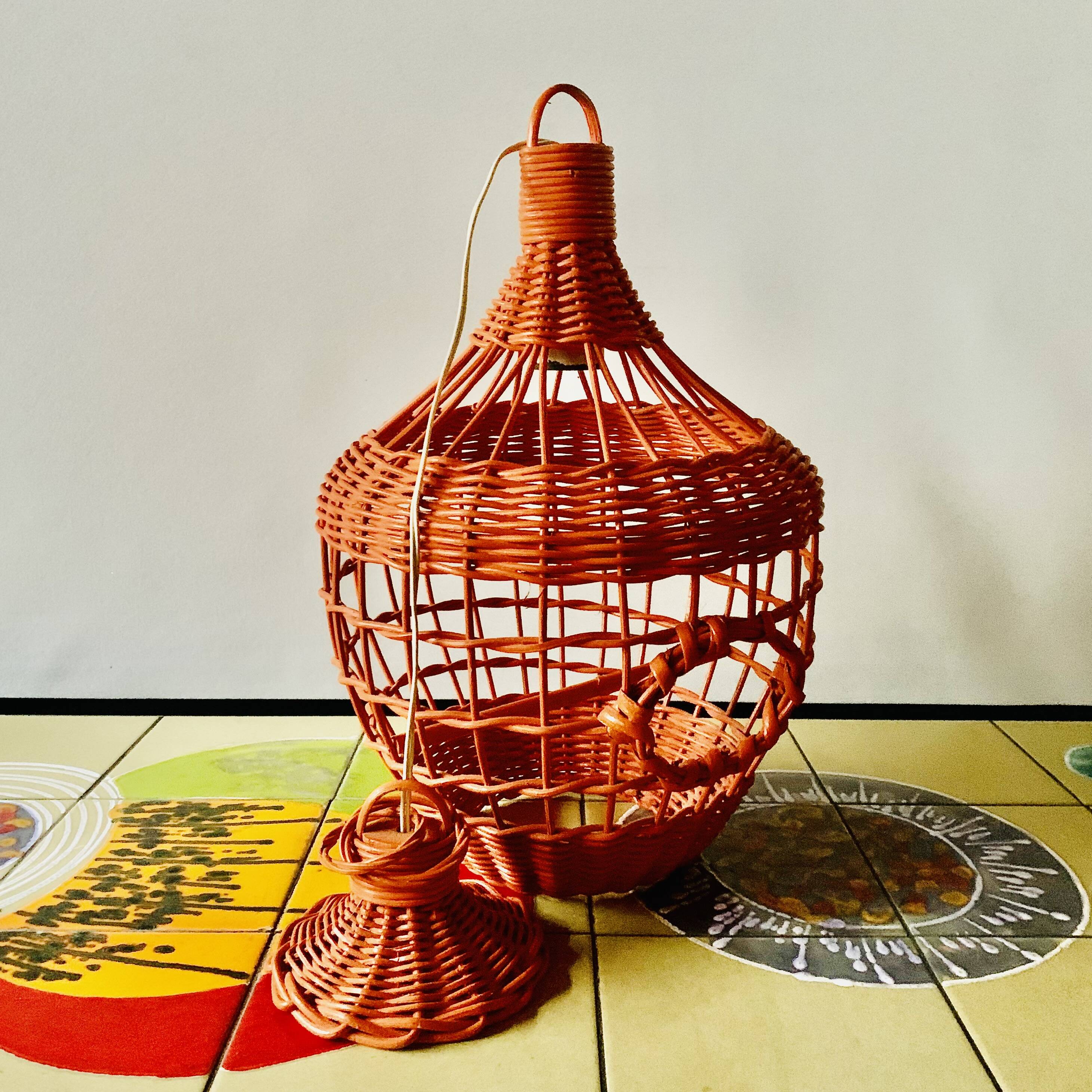 Vintage orange wicker pendant light - bird cage