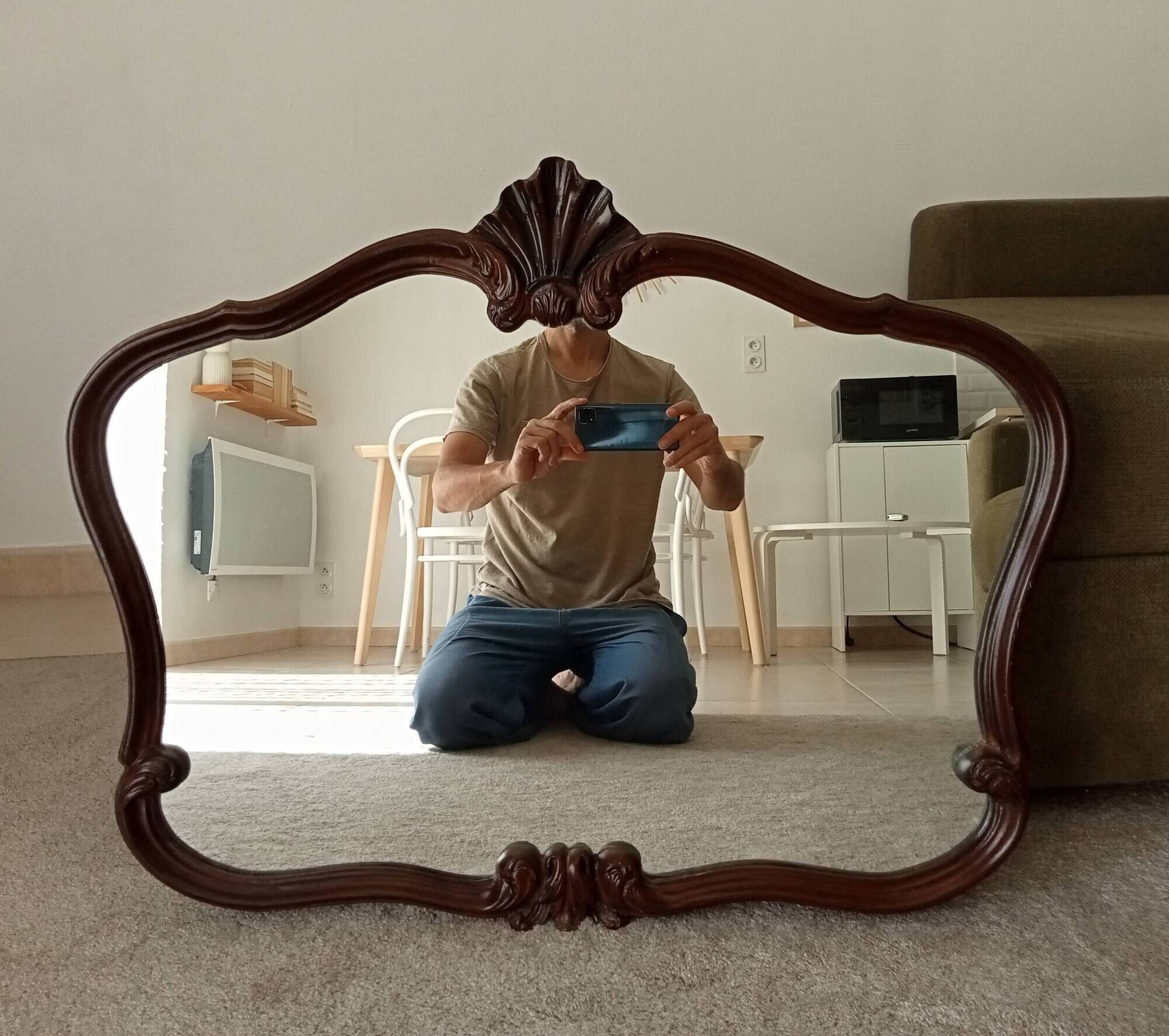 Pair of large antique Rococo style Louis XV mirrors in carved solid wood.