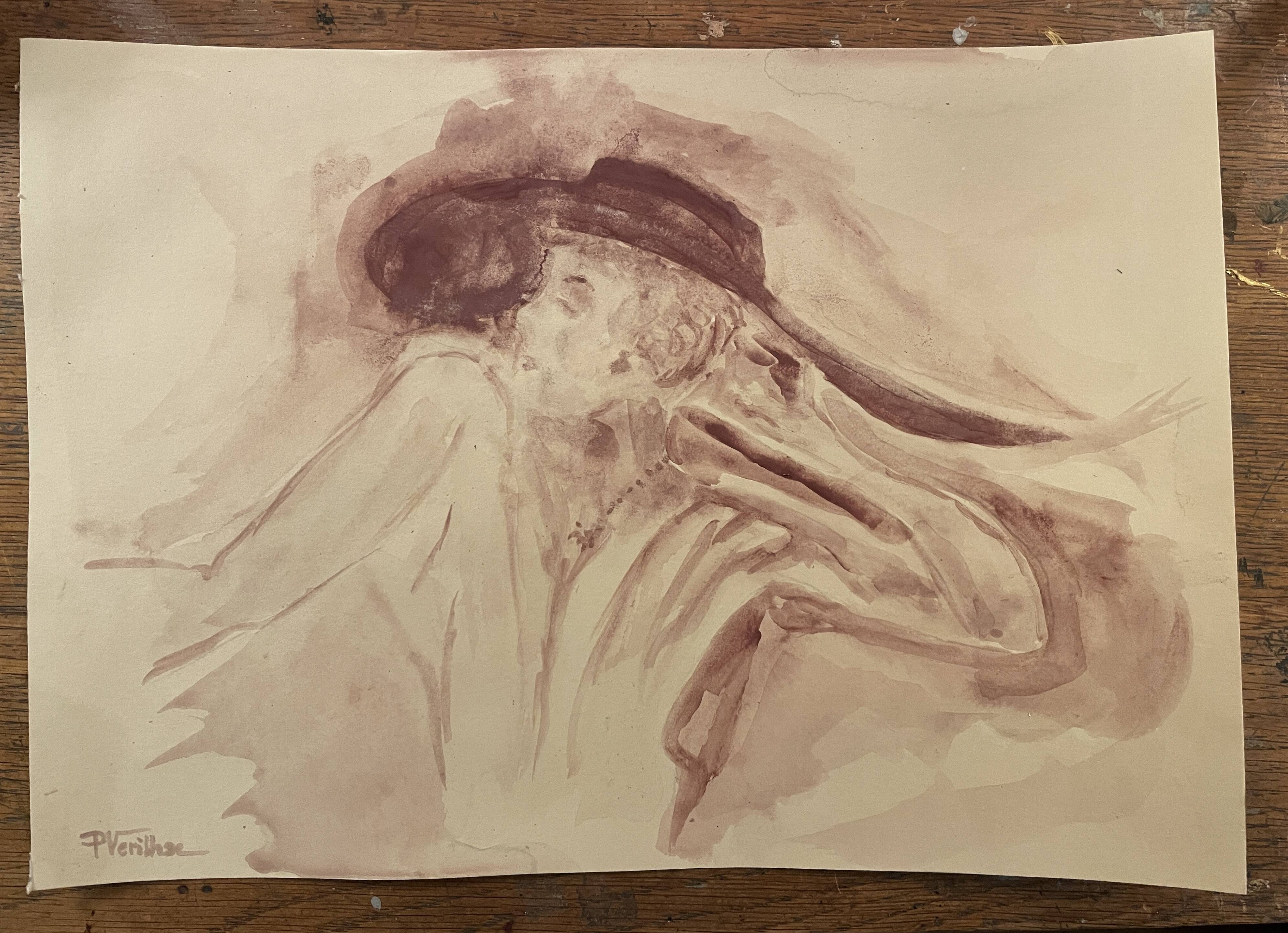 Signed painting monochrome watercolor caput mortum female portrait "Belle époque"