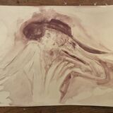 Signed painting monochrome watercolor caput mortum female portrait "Belle époque"
