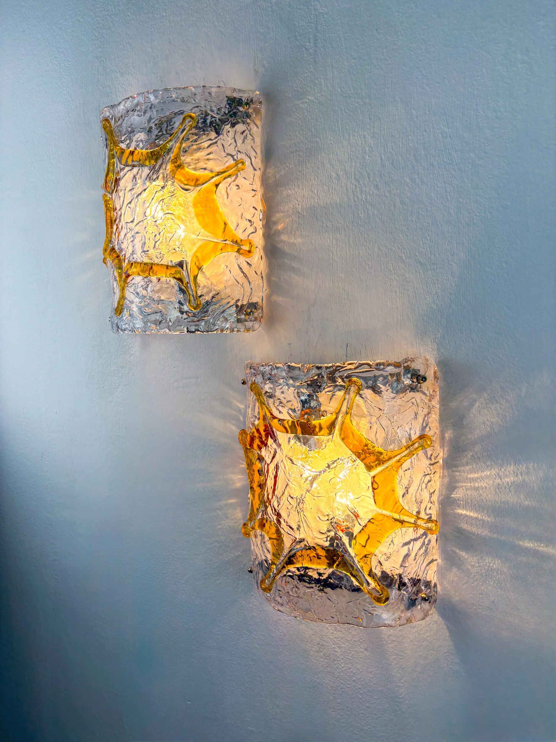 Pair of Mazzega Murano wall lights, orange frosted textured glass, Italy, 1970s