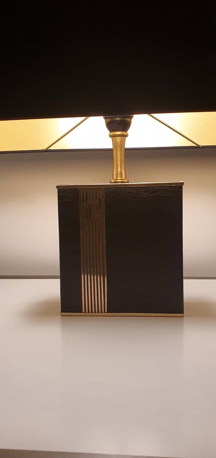 Lampe années 70 en laiton doré et cuir noir