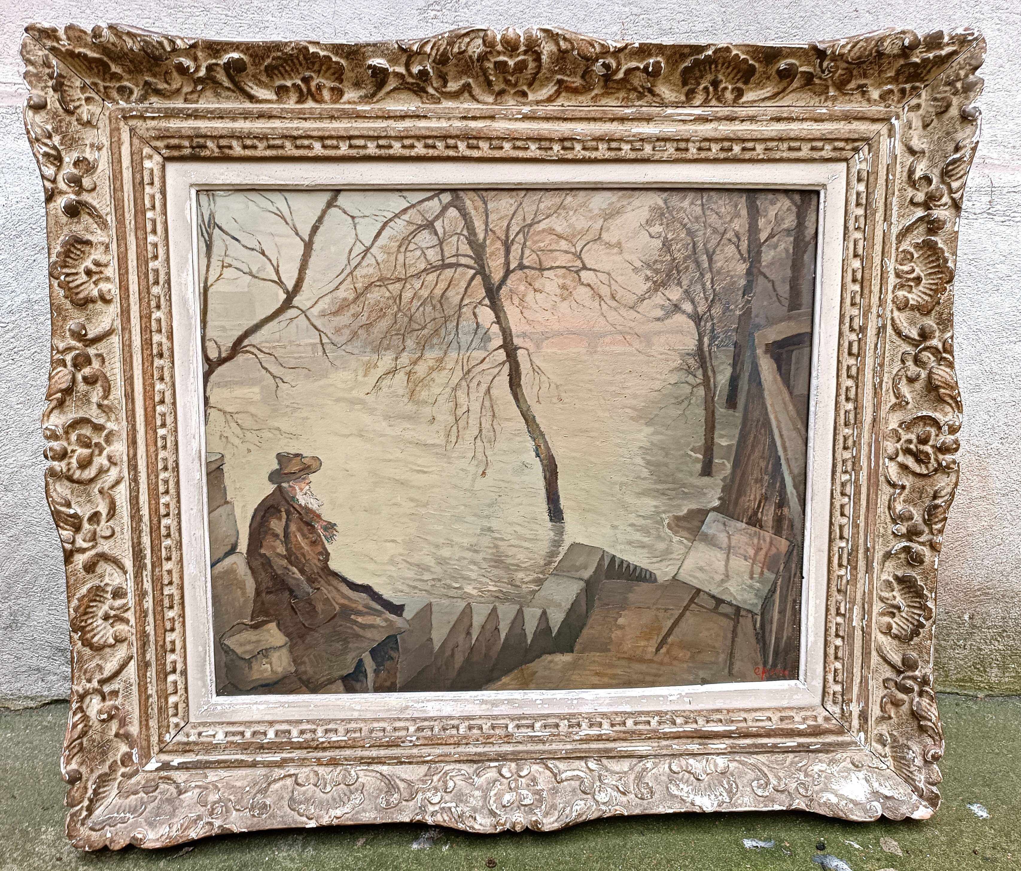 Painting representing the flood of Paris at the beginning of the 20th century