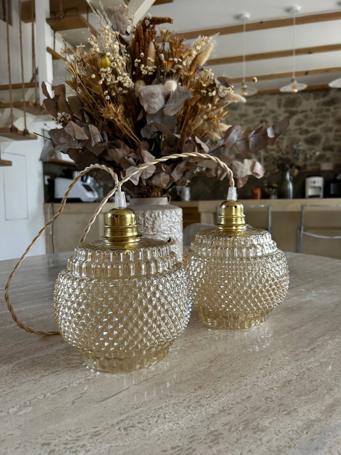 Pair of modern vintage globe pendant lights