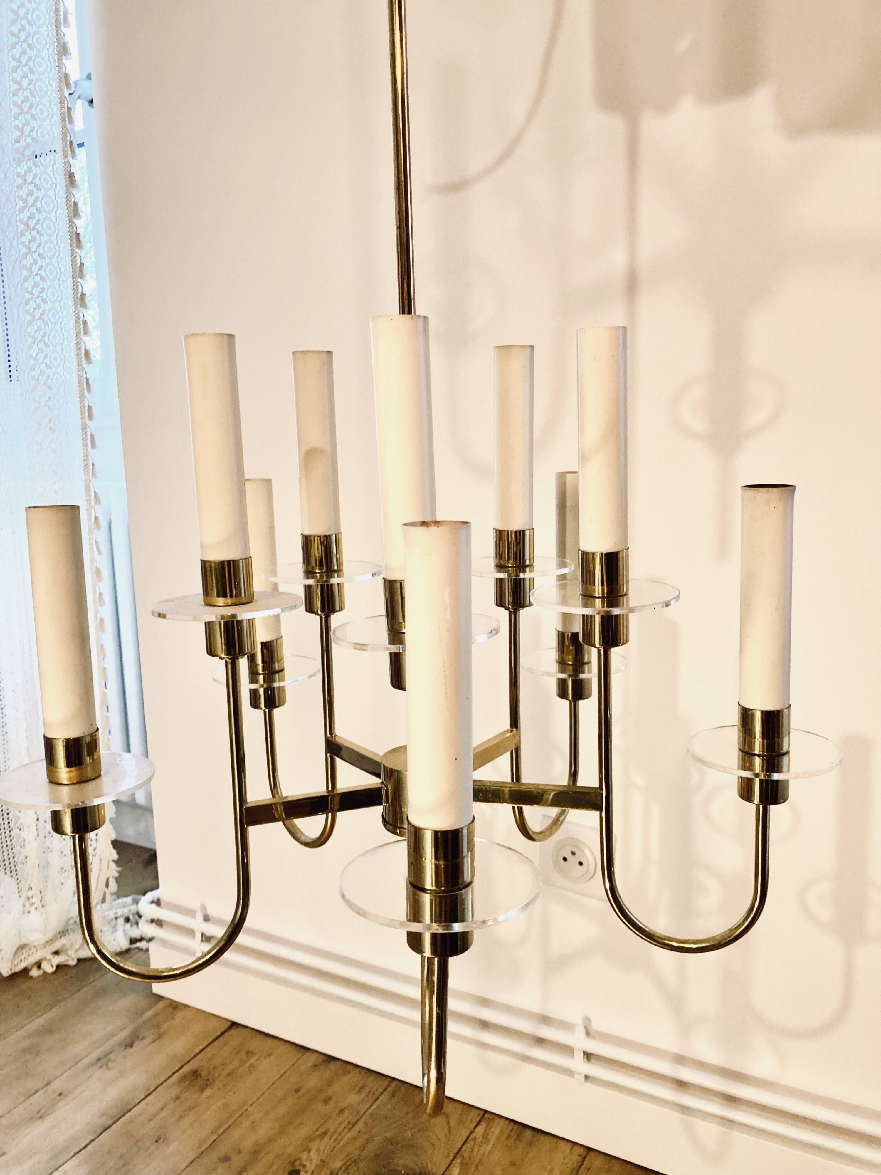 Italian chandelier in brass and acrylic glass from the 60s