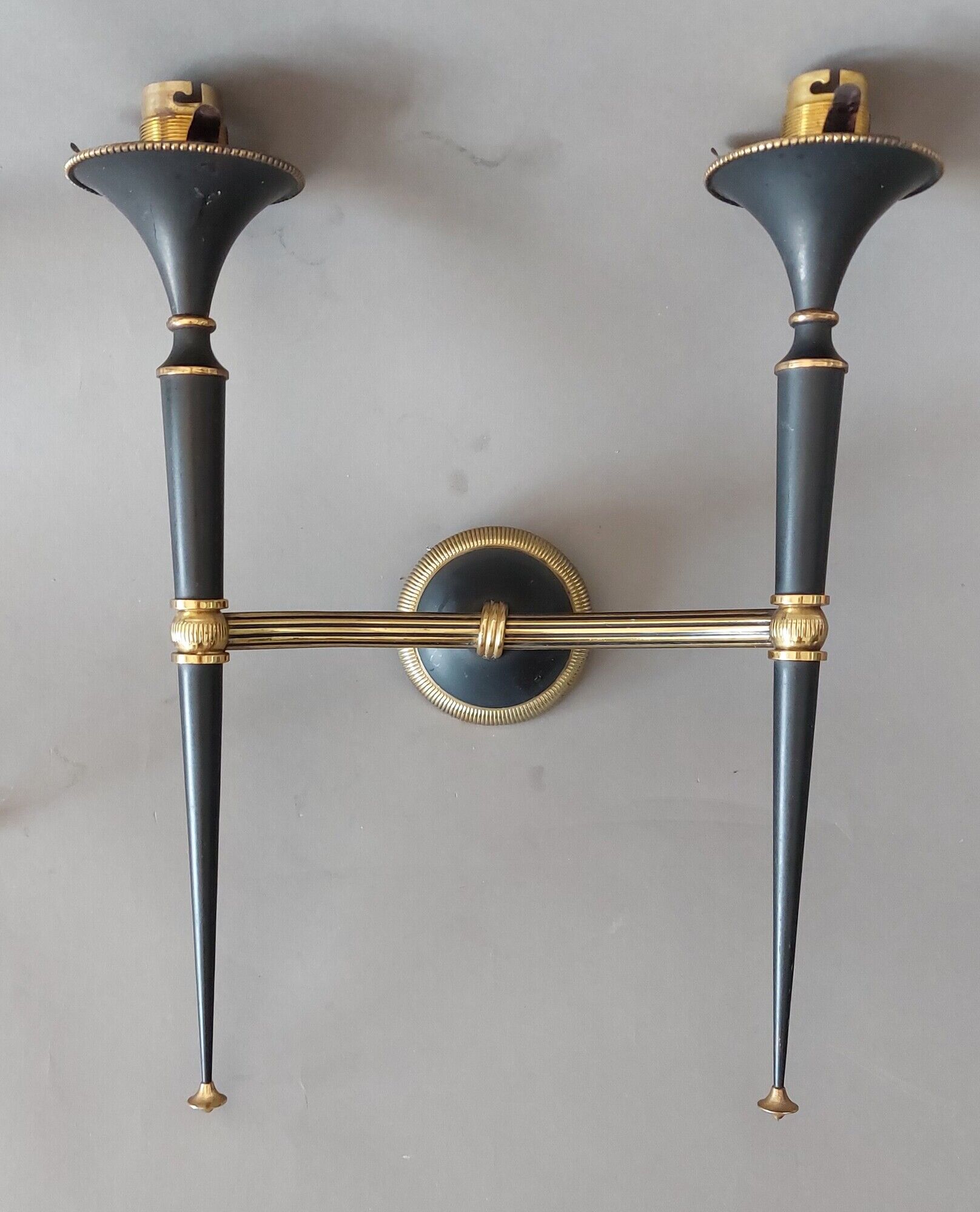 Pair of Maison Arlus torchiere sconces in gold brass and black lacquered 1960