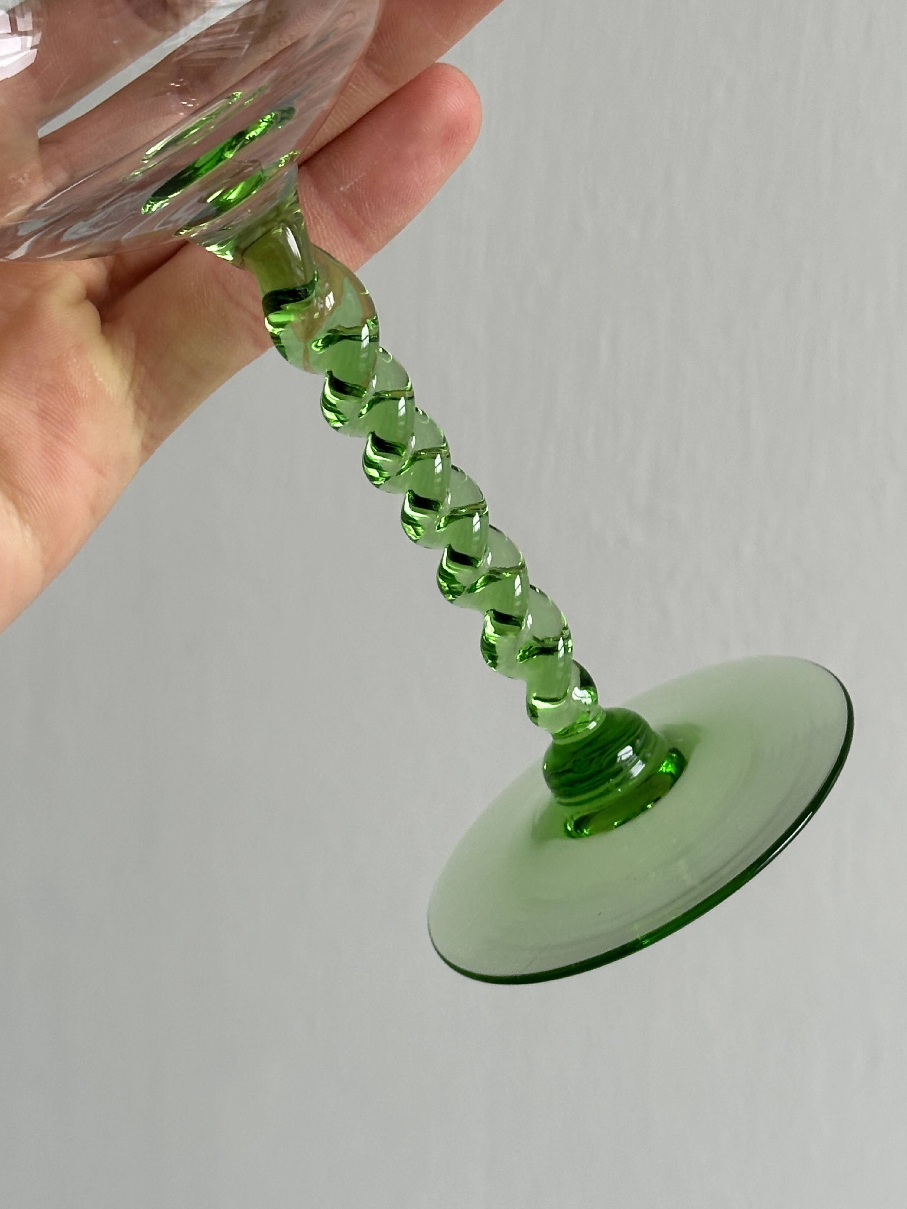 6 transparent green twisted stemmed glasses