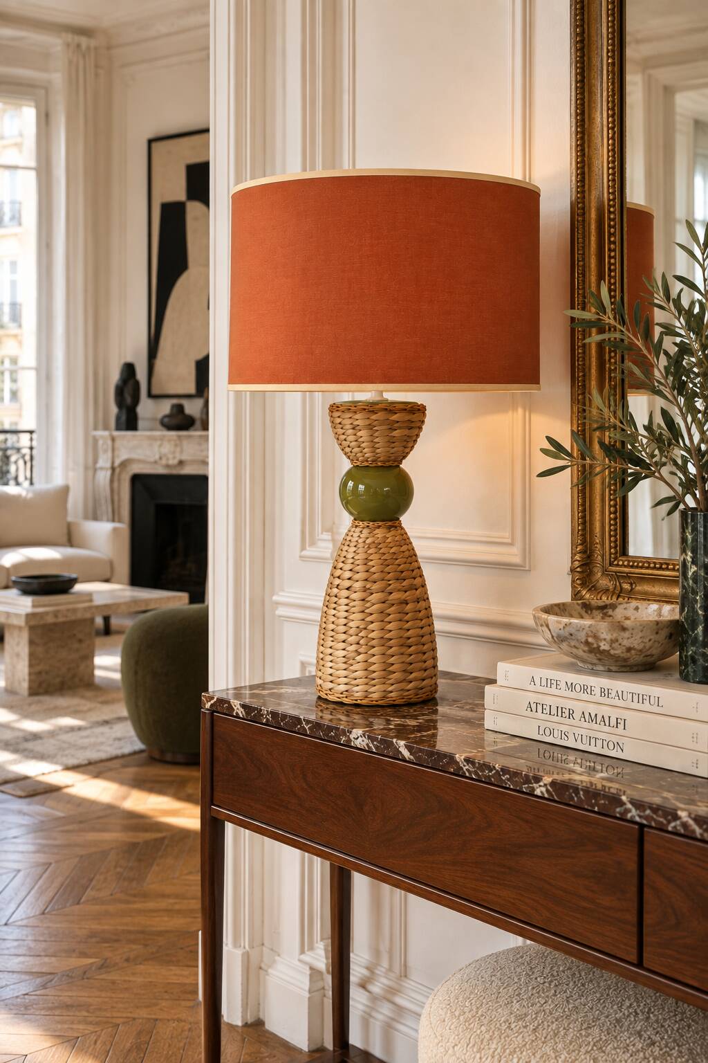 Large vintage sculptural lamp from the 60s/70s – olive green ceramic & very fine fibres.