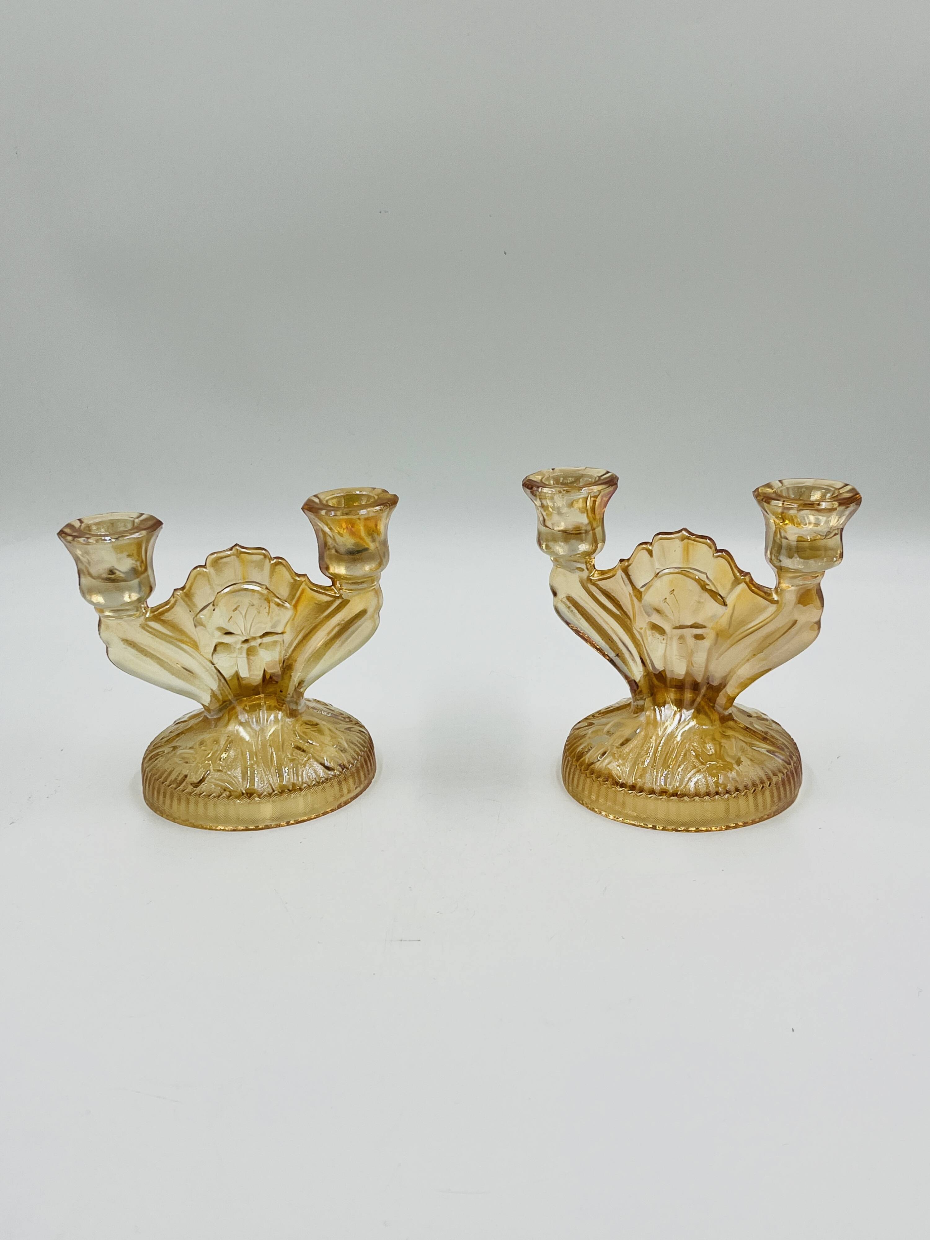 Pair of Empoli amber glass chandeliers in Art Deco style