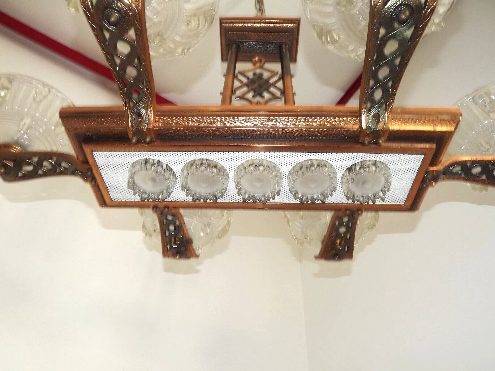 French Art Deco 6-Arm, 10-Light Chandelier Petitot Ezan Style, Copper Tone