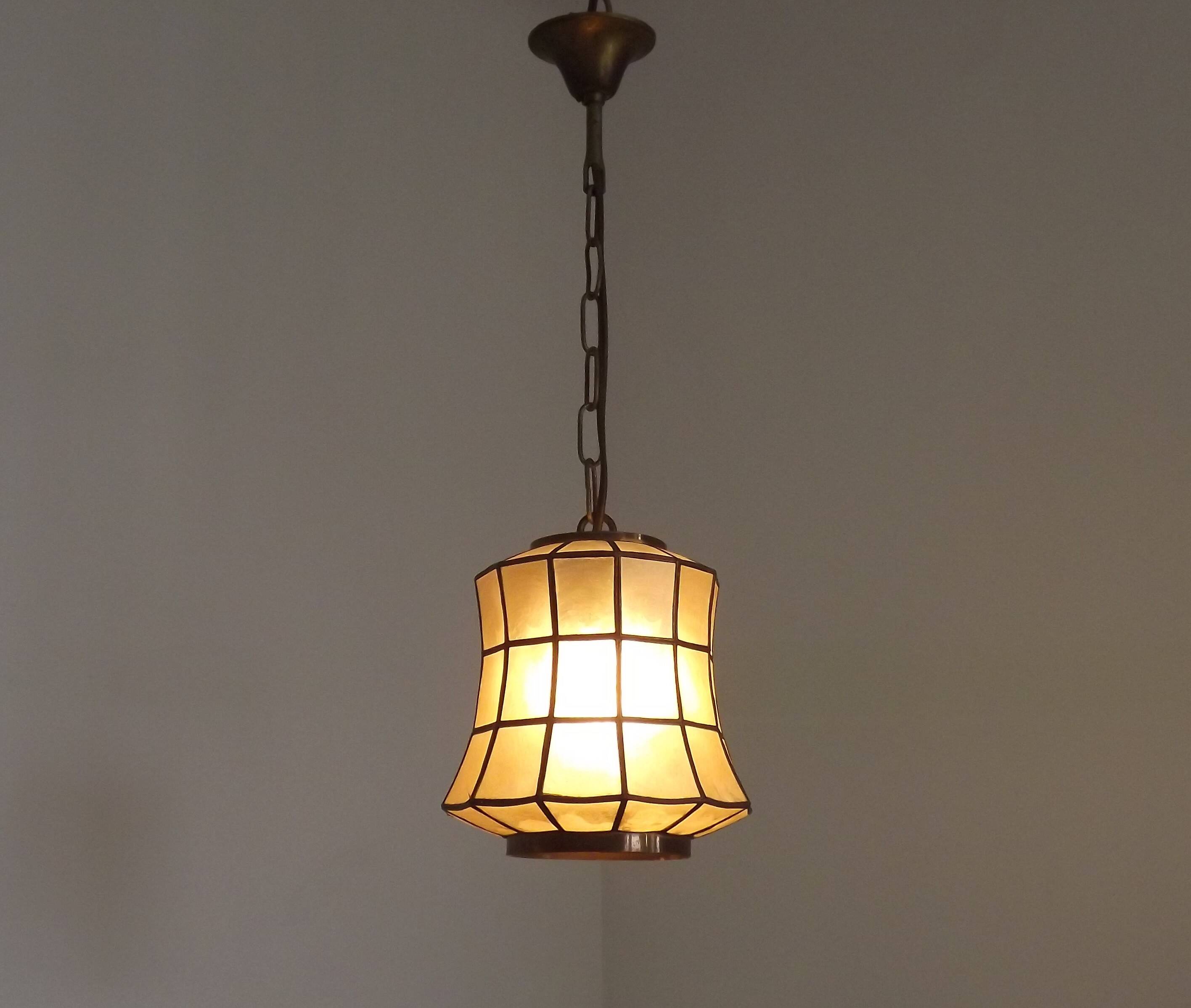 French Vintage Capiz Shell Hanging Pendant Light in Brass Metal and Copper