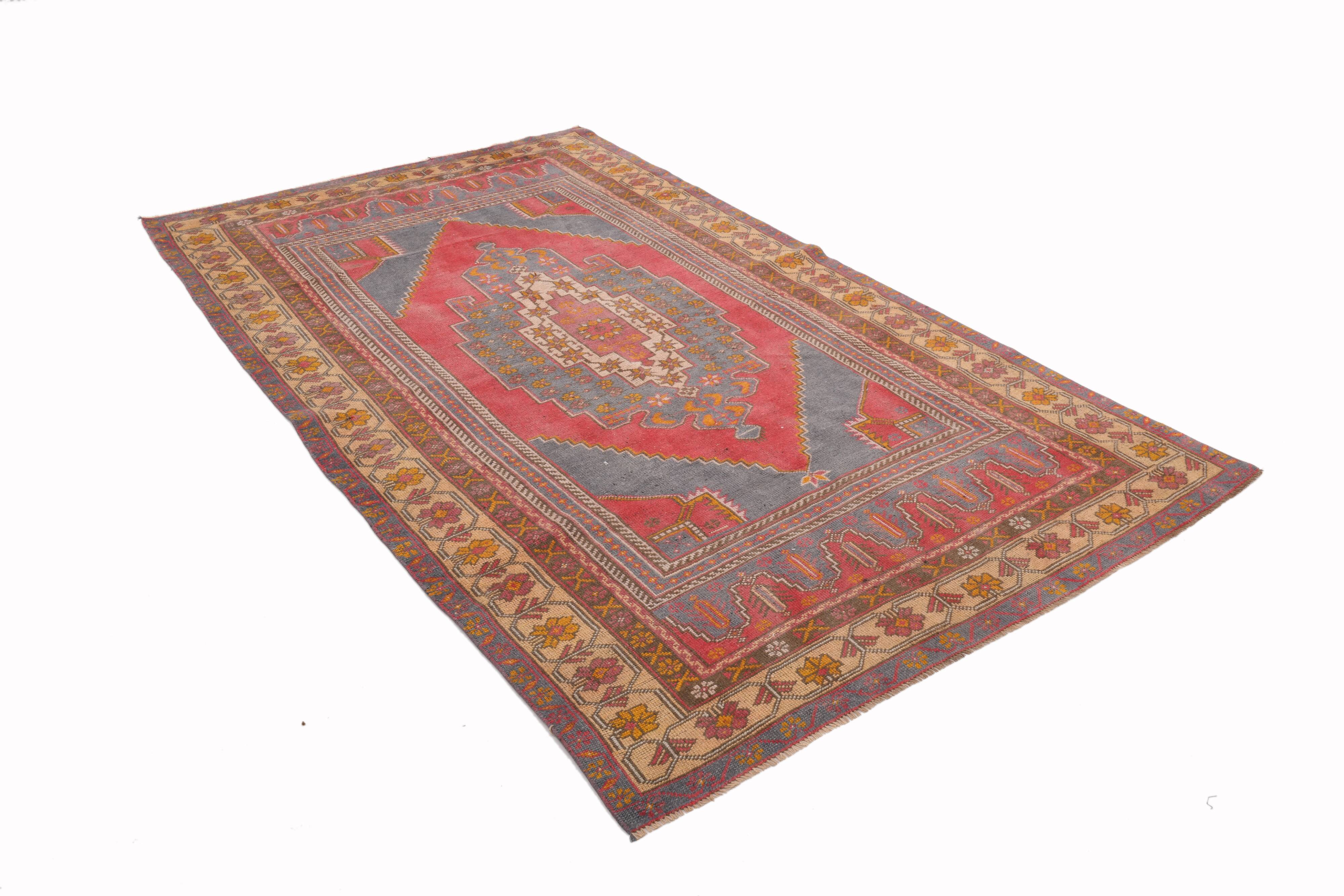 Tapis oriental turc rouge et bleu, 144 x 245 cm