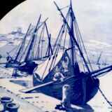 Old painted earthenware coaster decoration boats XXth