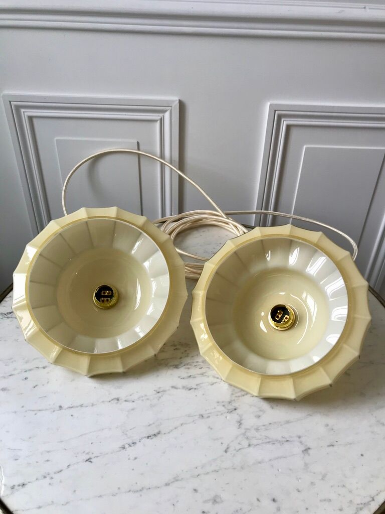 Pair of suspensions in opaline glass cream and silver border art deco 30s