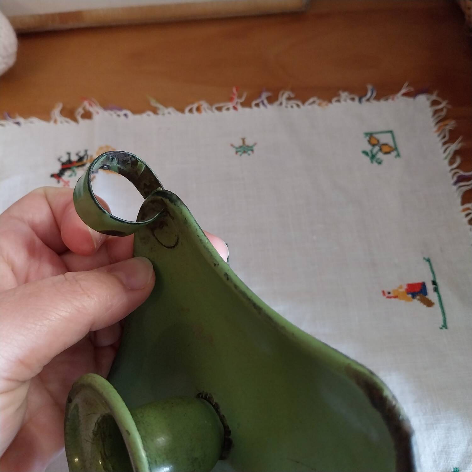 Old enamelled metal cellar rat candle holder
