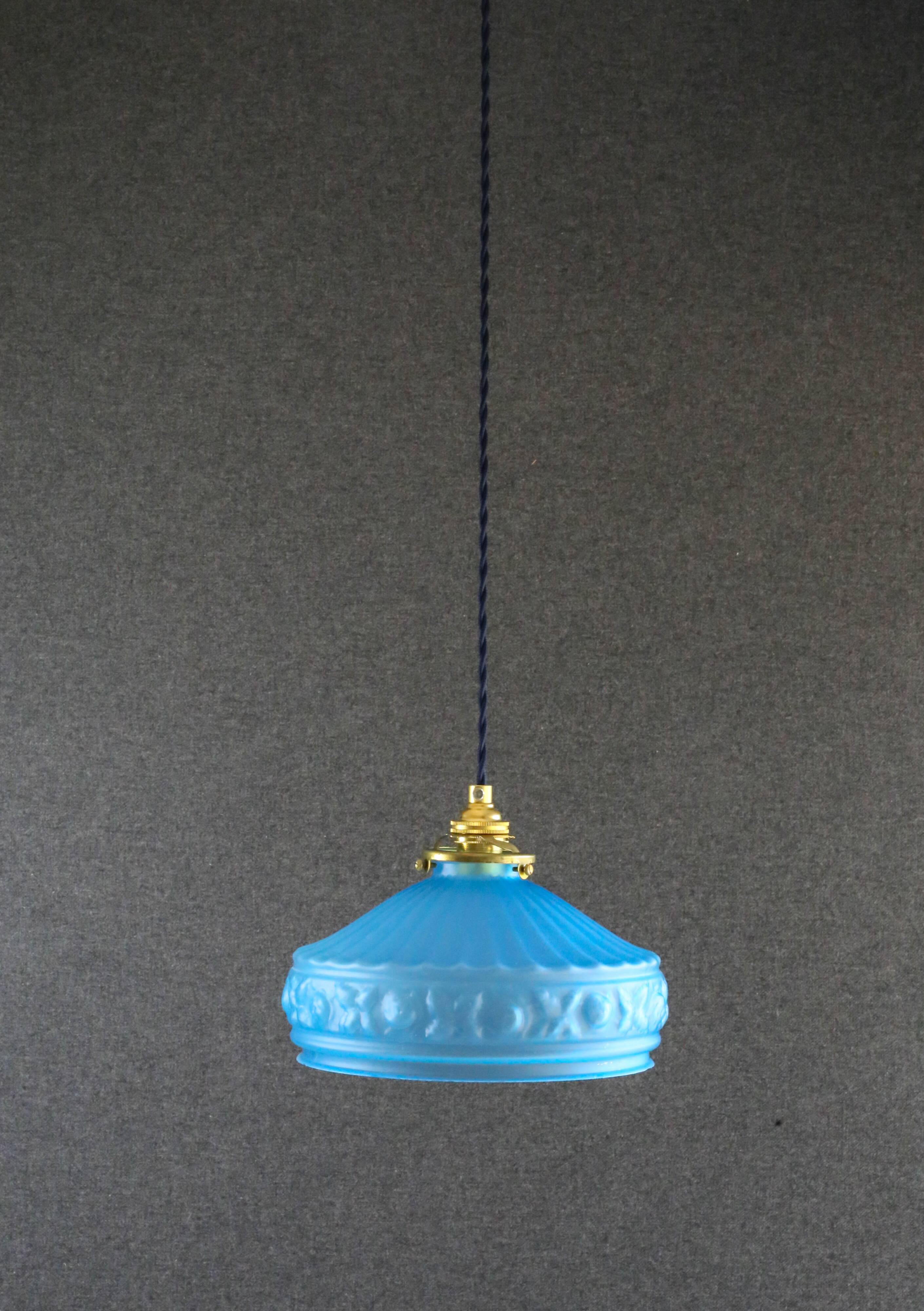 Old pendant lamp in blue translucent glass - circa 1930 - delivered with