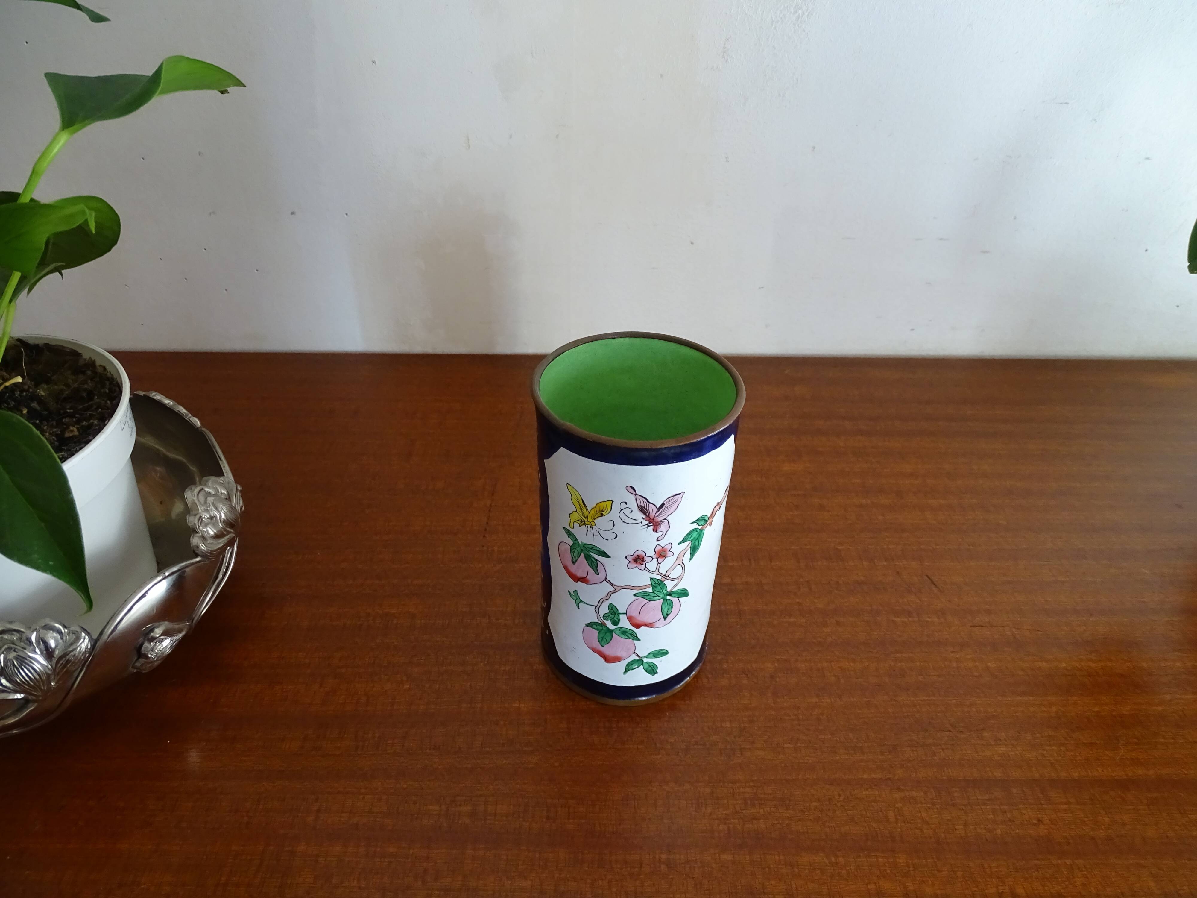 Cloisonné enamel pencil pot on copper