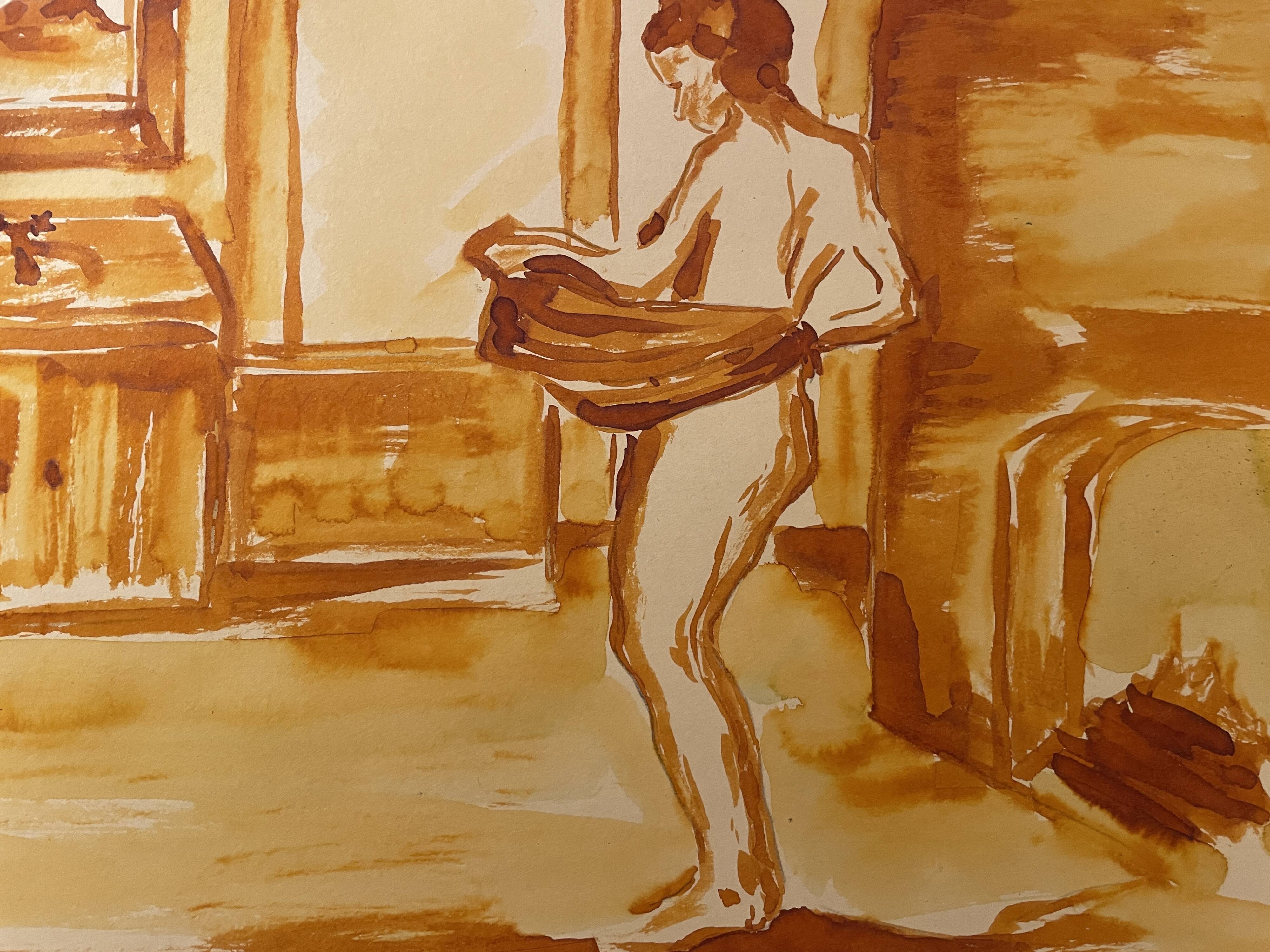 Red chalk watercolor portrait of a woman "study of coming out of the bath"