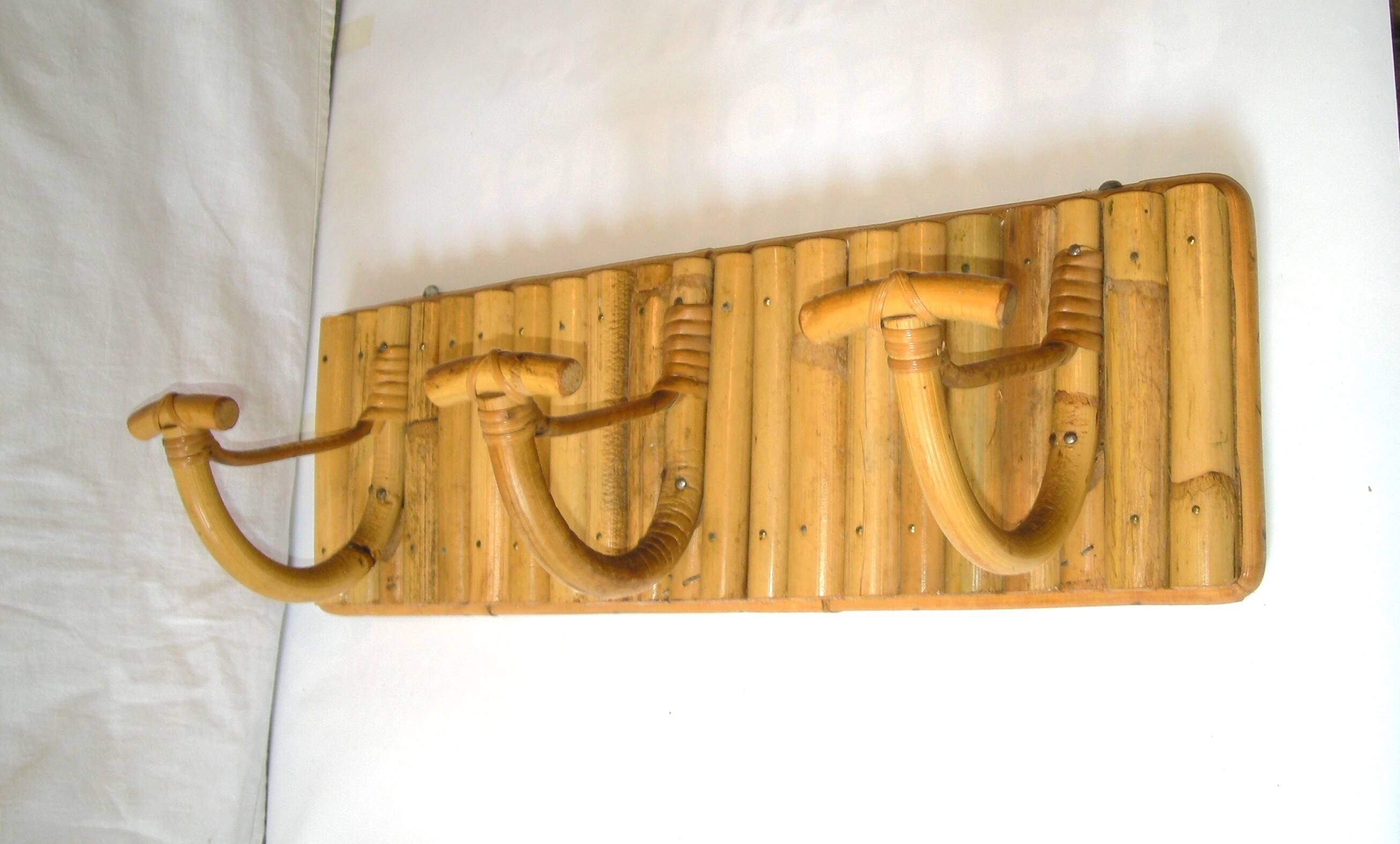 1950s bamboo rattan wall coat rack