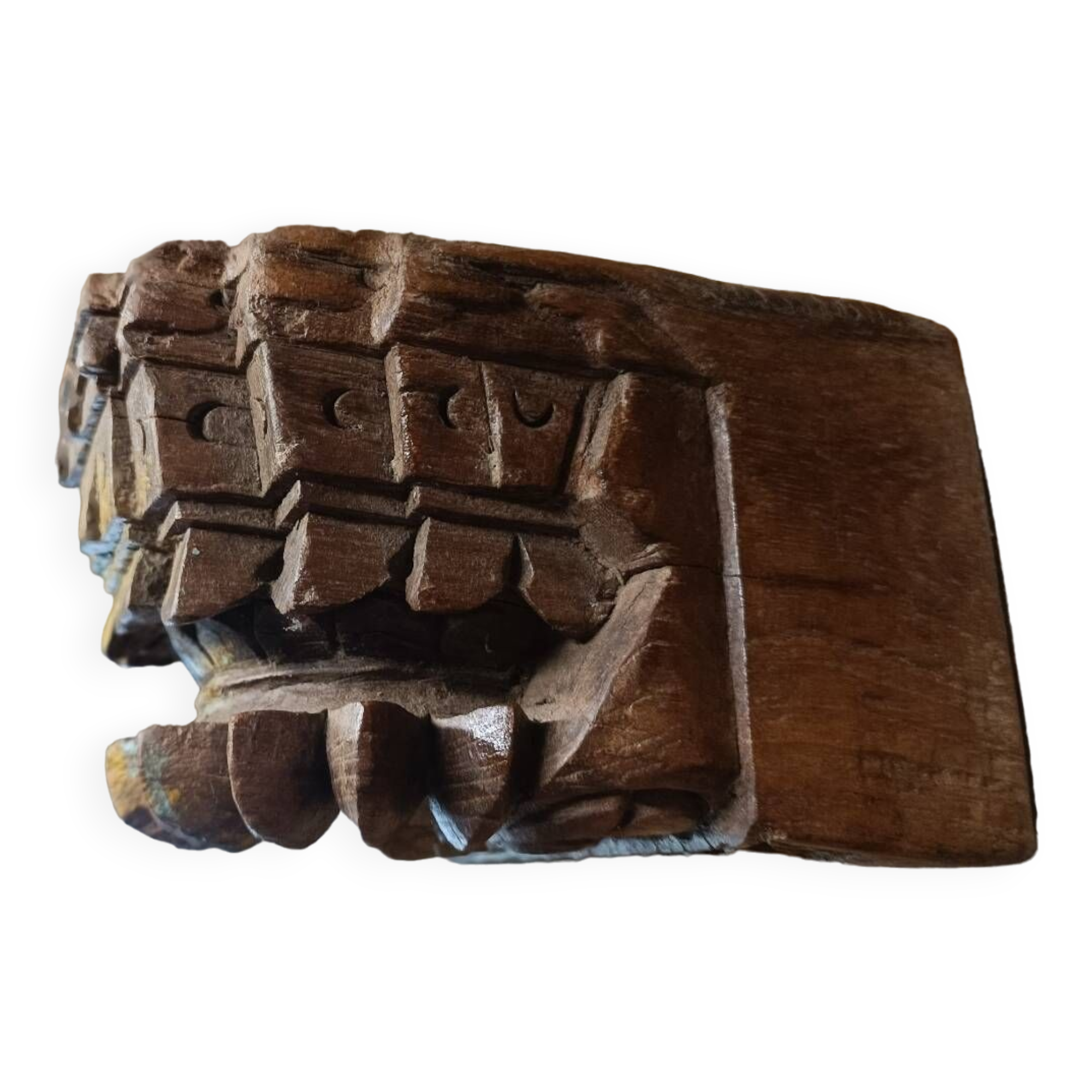 Piece of recycled teak Indian door (corner of the door frame) transformed into a candle holder