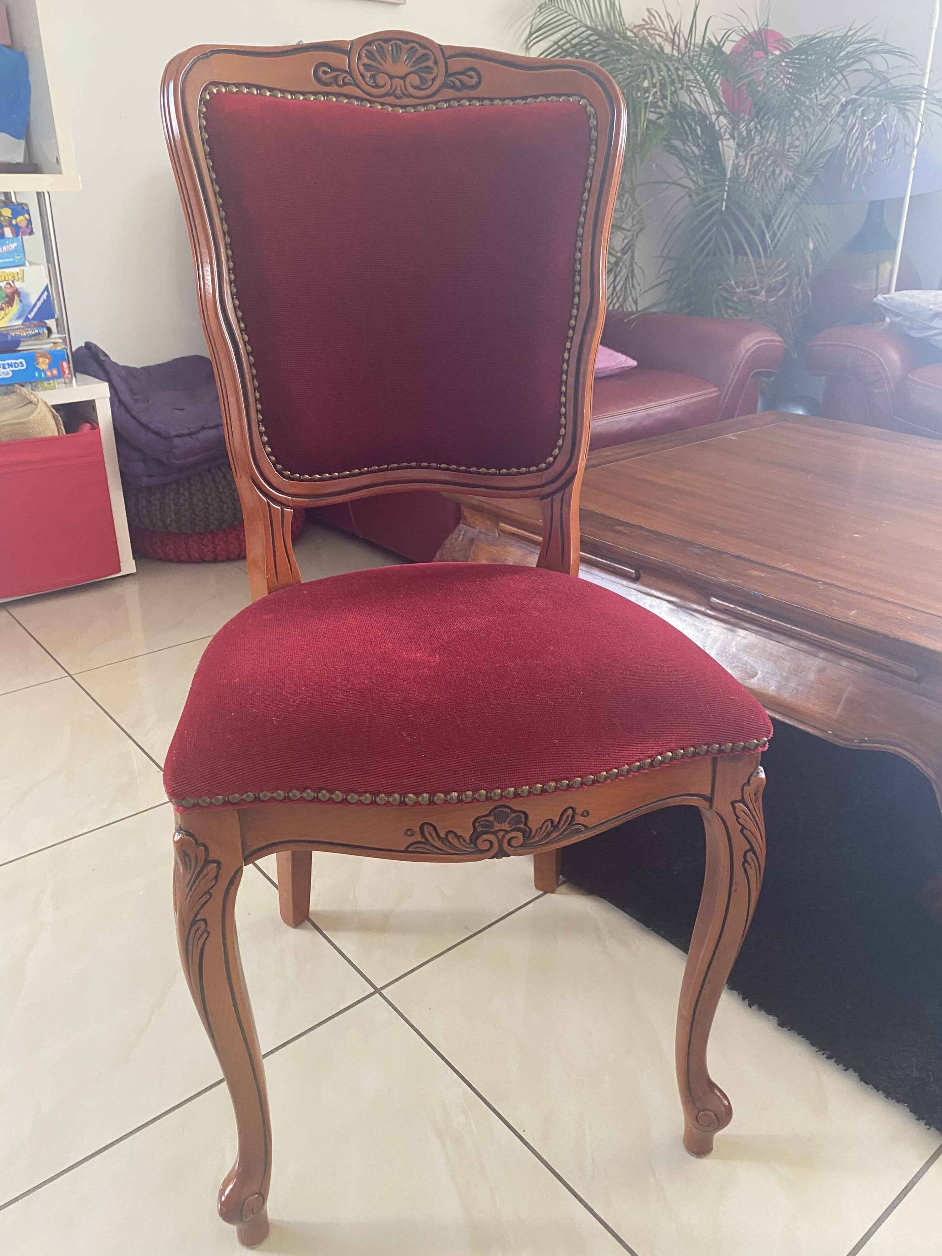 superb set of (8/10) Louis XV chairs in solid cherry with burgundy velvet
