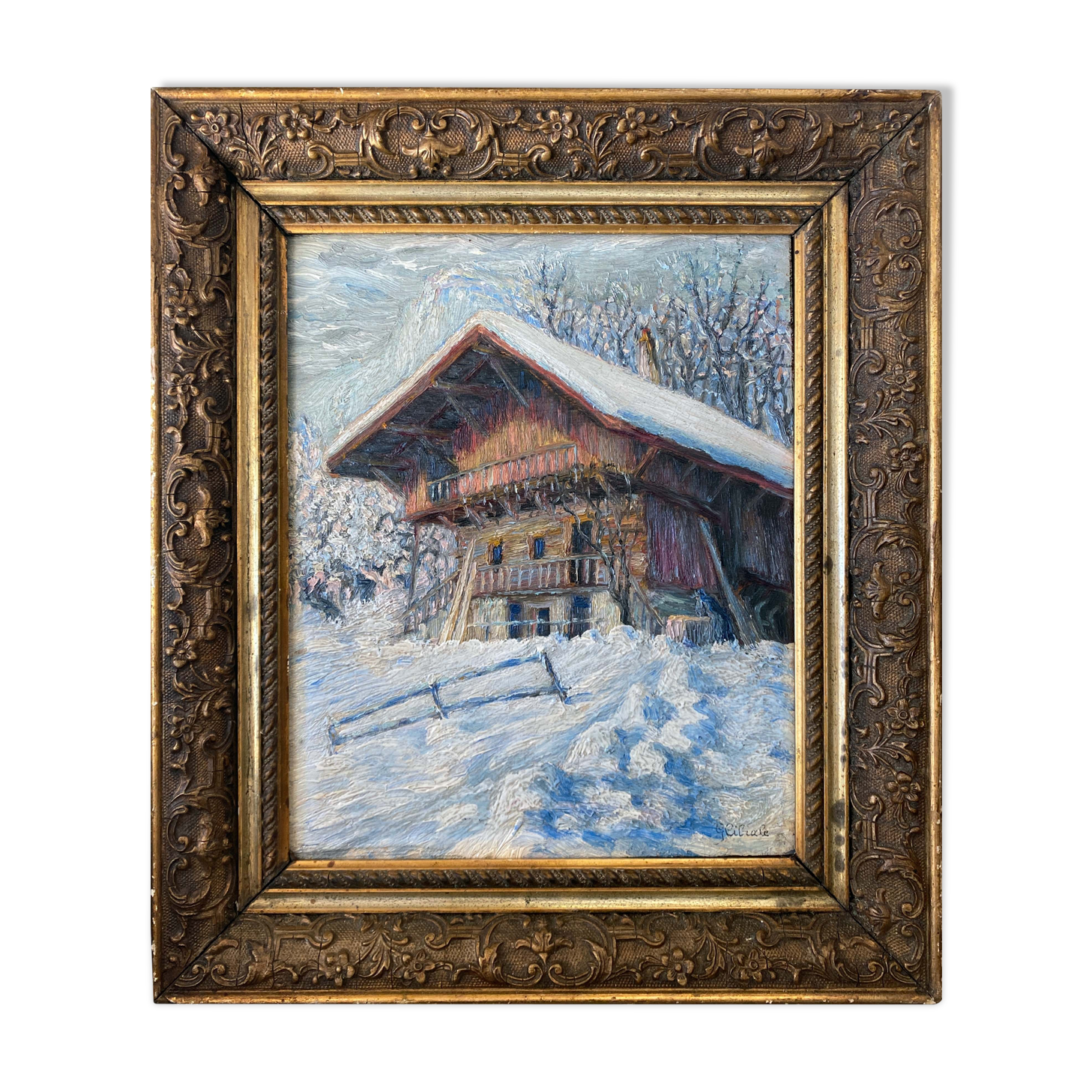 HSP painting "winter landscape - snowy chalet" signed G. Cibiale + frame