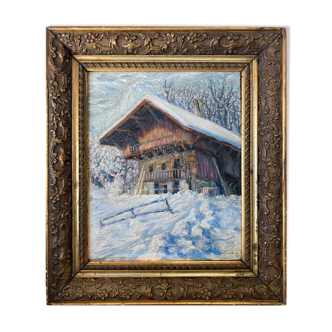 HSP painting "winter landscape - snowy chalet" signed G. Cibiale + frame