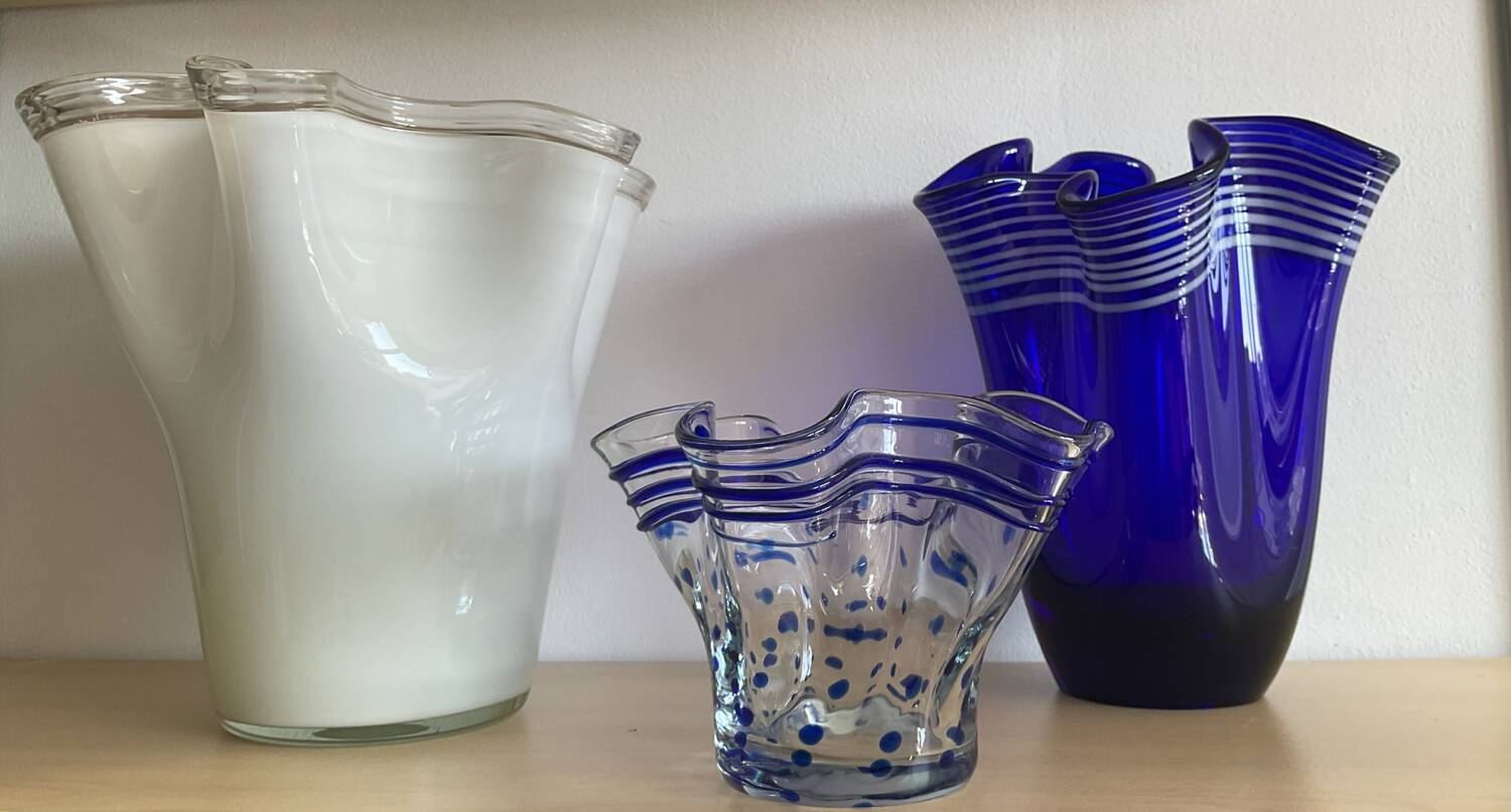 Trio of vintage blown glass handkerchief vases