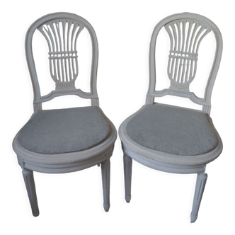 2 louis xvi style chairs beautiful patina chalk bills, seats dressed in gray velvet