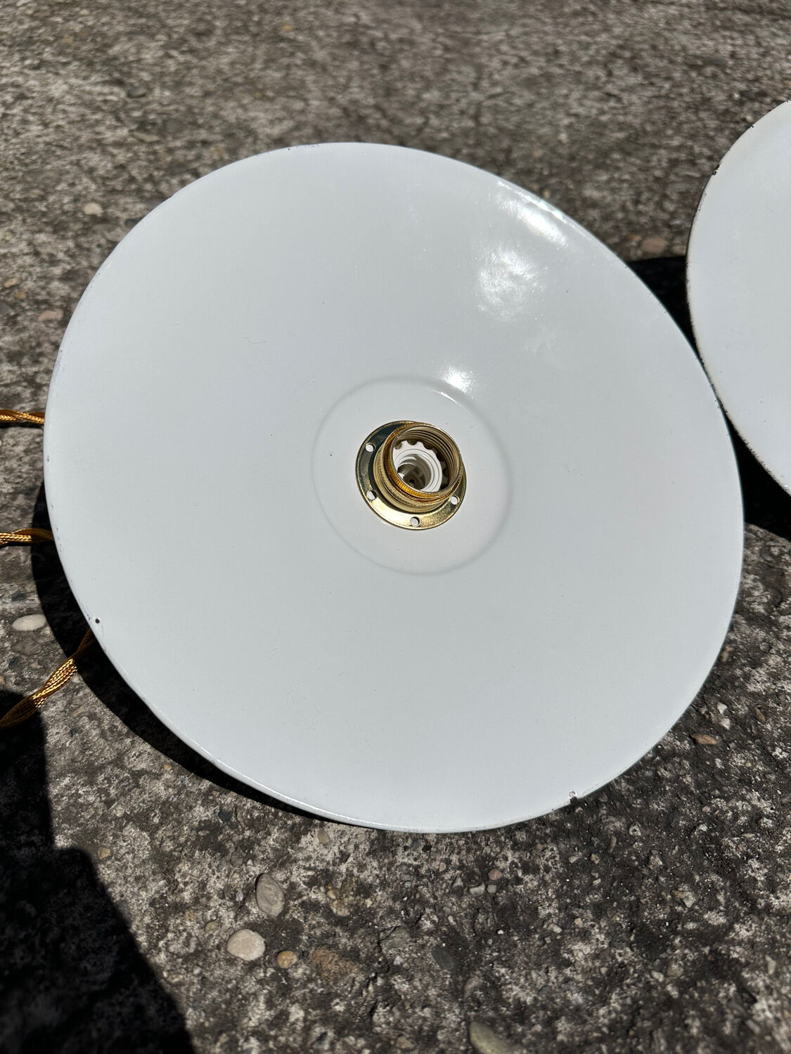 2 vintage enamelled sheet metal pendant lights