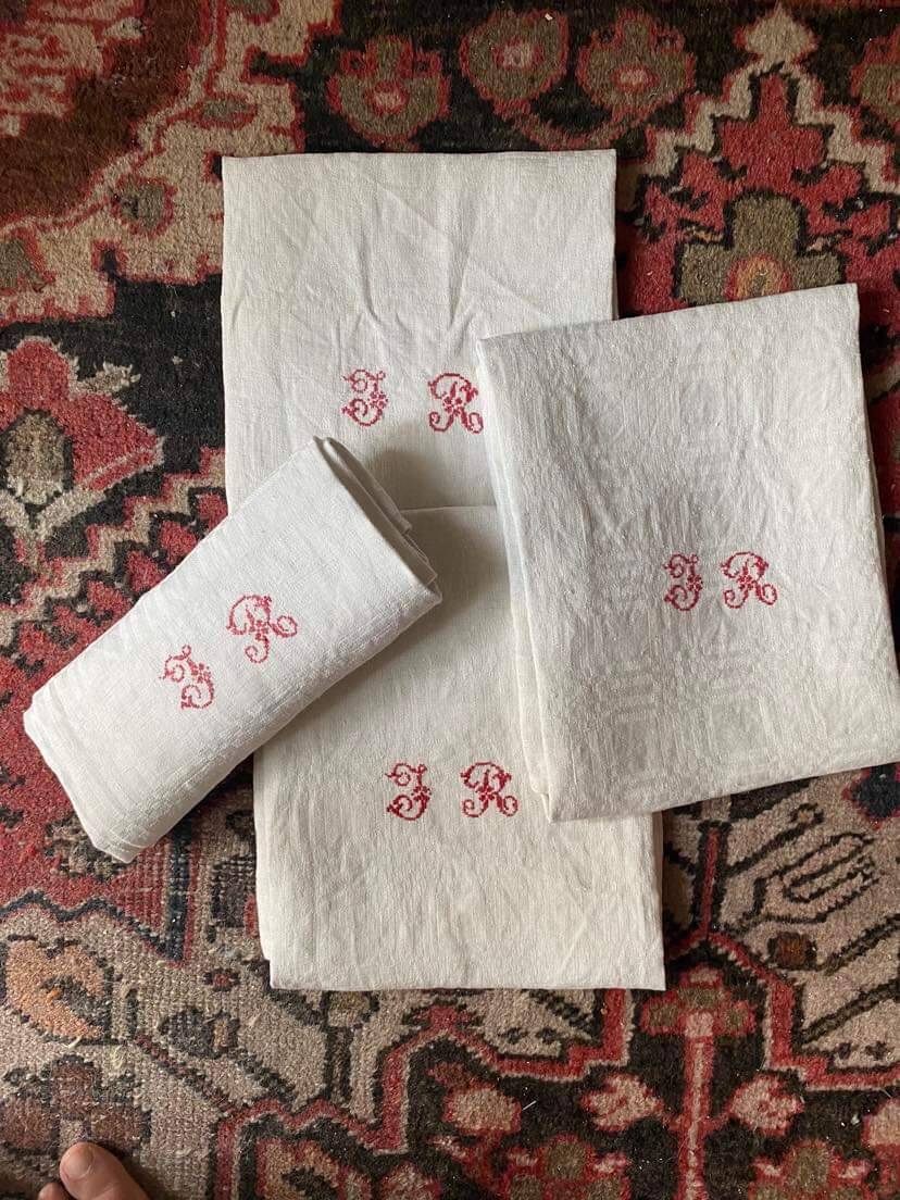 4 large damask tea towels JR monogram cross stitch.