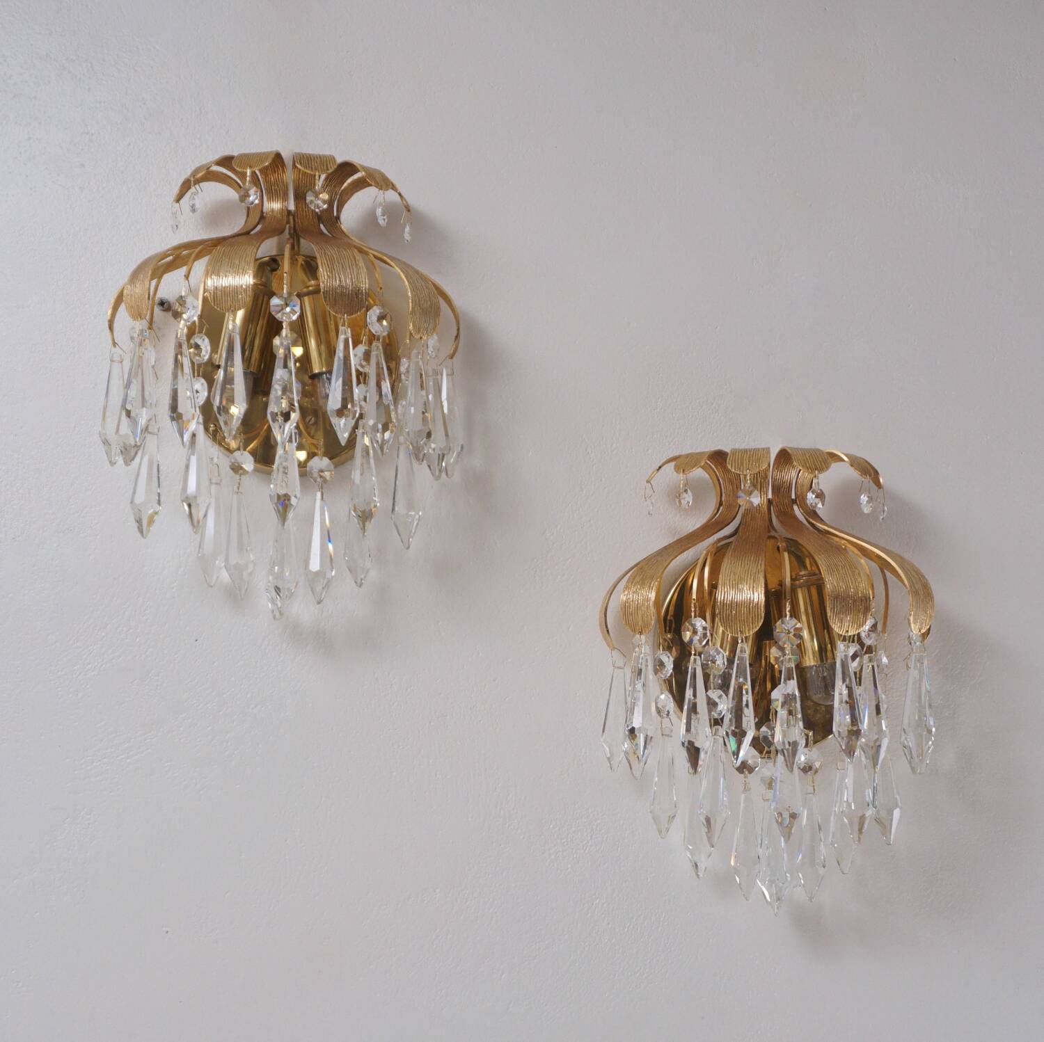 Palwa crystal pair wall lights sconces by Ernst Palme, brass pineapple, 1960`s, German
