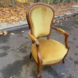 Louis Philippe armchair in oak and mustard yellow velvet from the 19th century