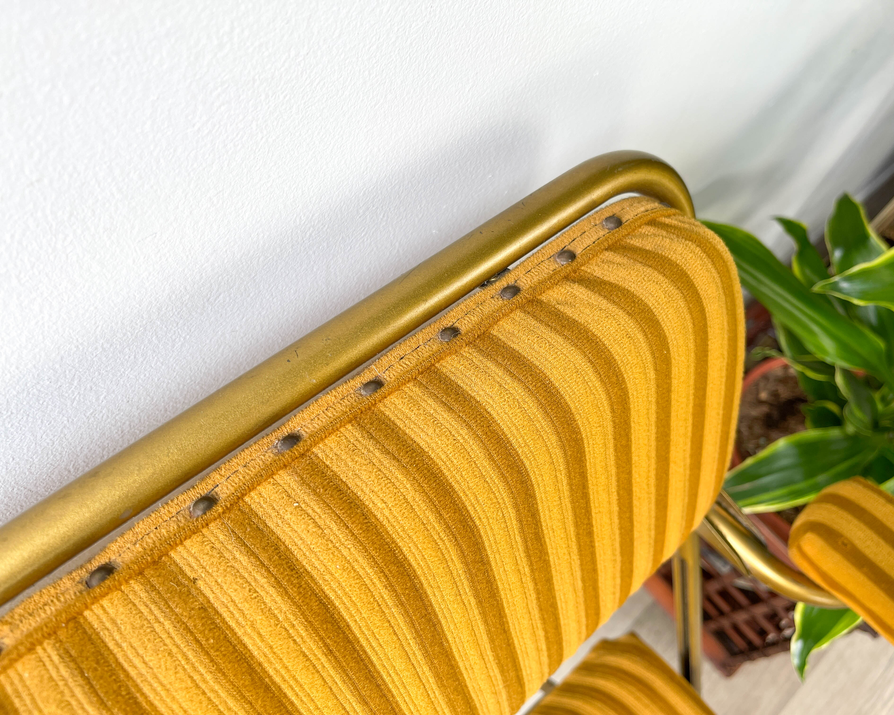 Vintage folding chair LAFUMA gold striped yellow fabric