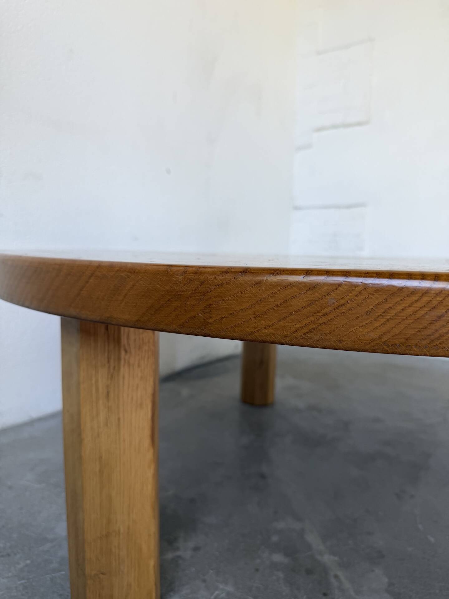 1950s round tripod oak coffee table