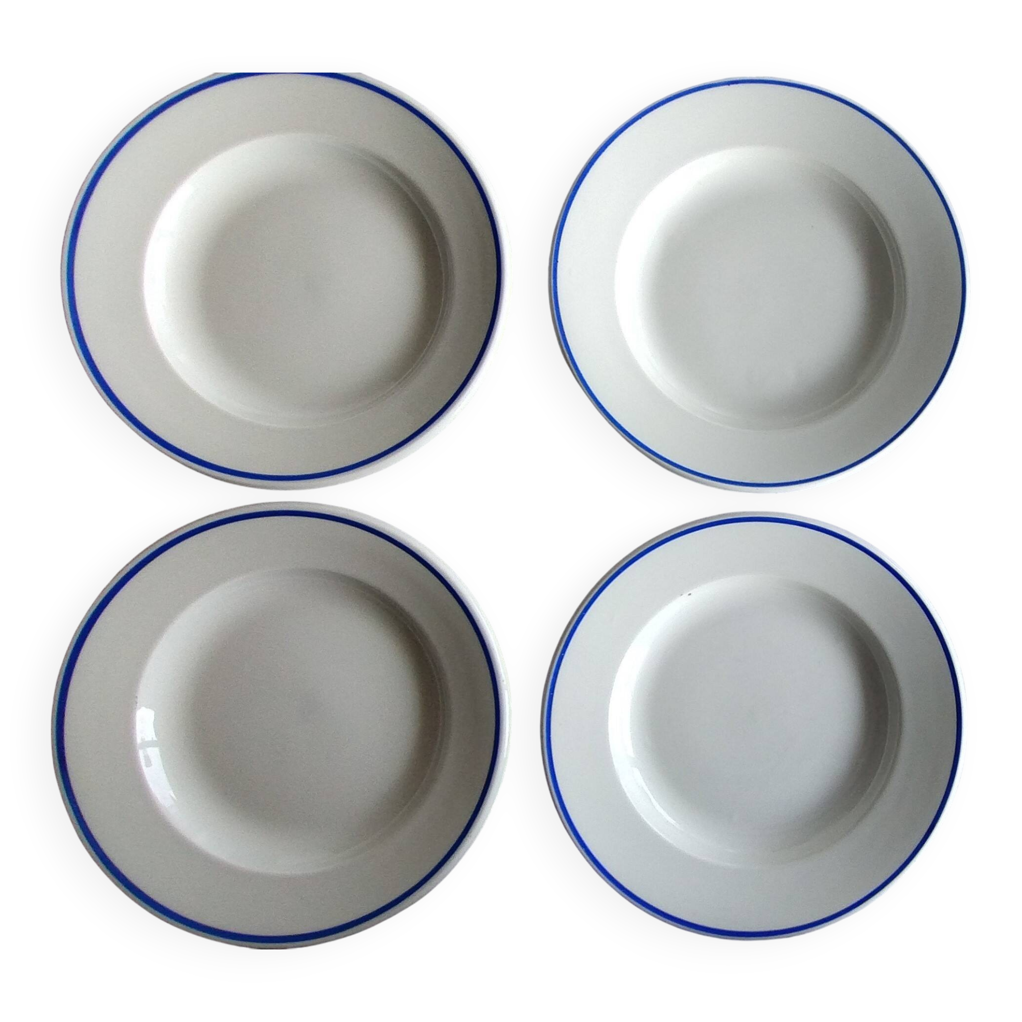 3 Pillivuyt white porcelain dinner plates with blue edging.