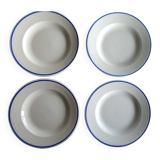 3 Pillivuyt white porcelain dinner plates with blue edging.