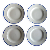 3 assiettes plates Pillivuyt porcelaine blanc liseré bleu.
