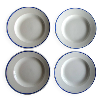 3 Pillivuyt white porcelain dinner plates with blue edging.