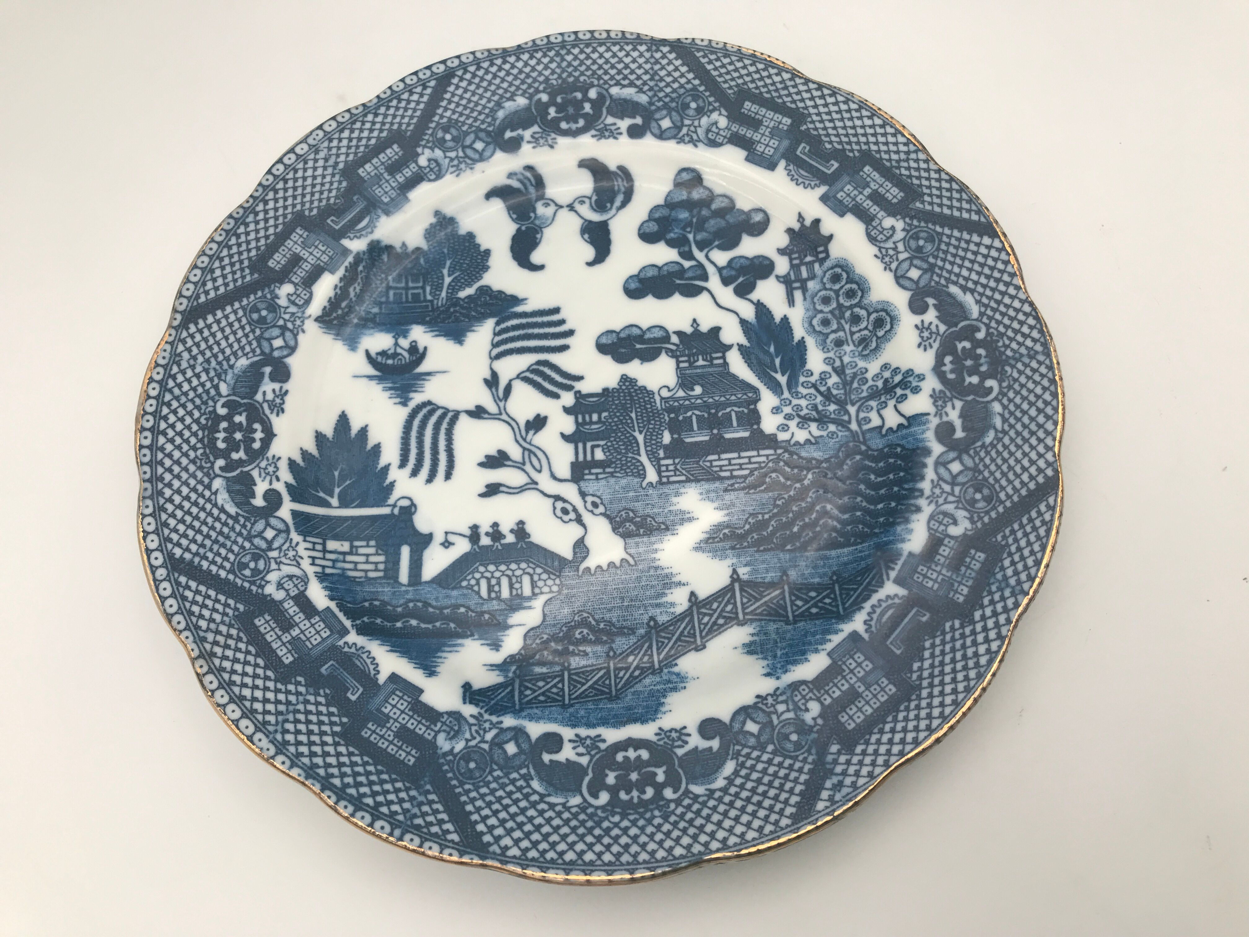 Old earthenware plate with decoration of landscape of asia 19.5 cm