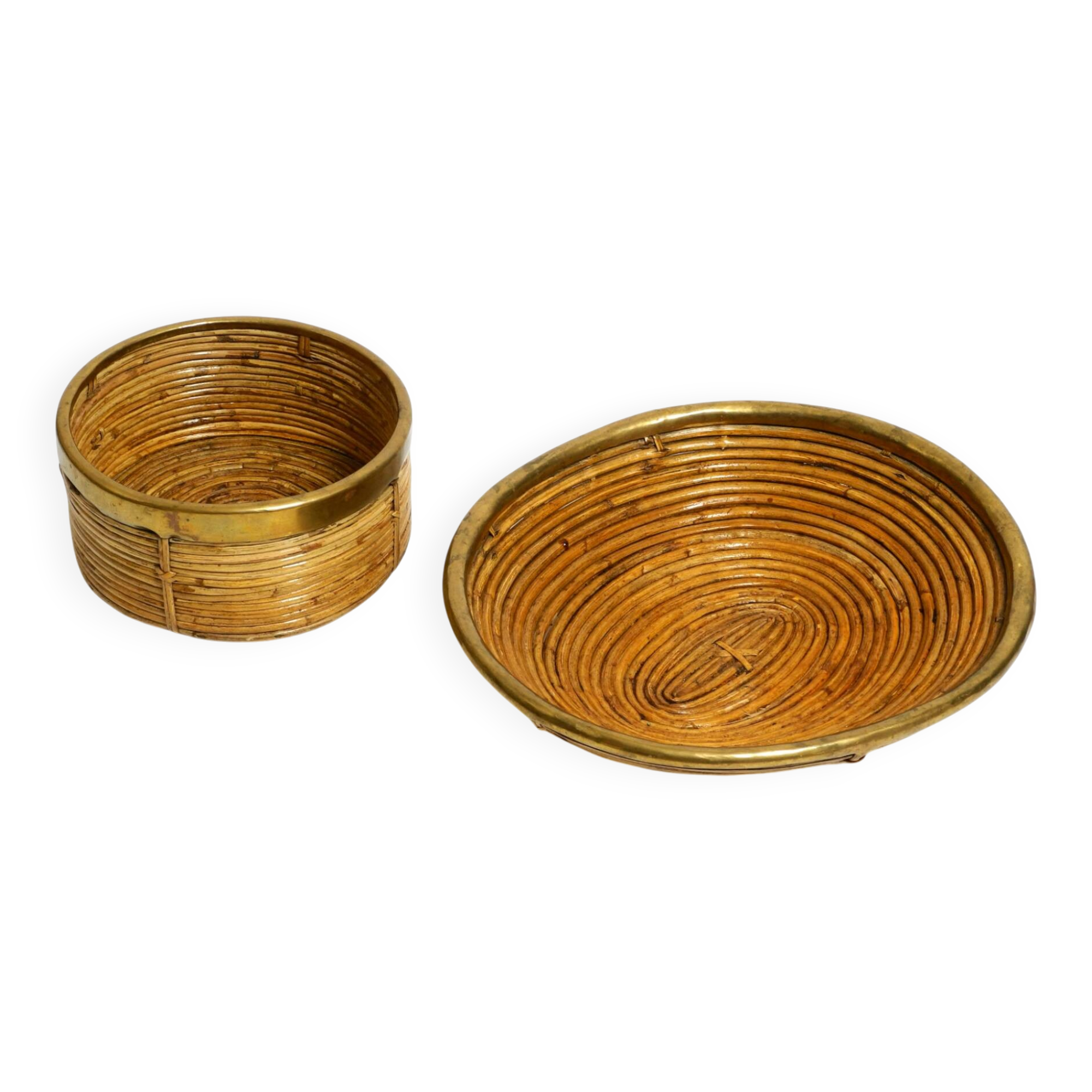 A pair of beautiful Italian Mid Century Modern bamboo bowls with brass rims
