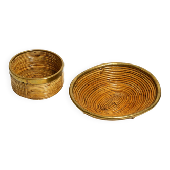 A pair of beautiful Italian Mid Century Modern bamboo bowls with brass rims