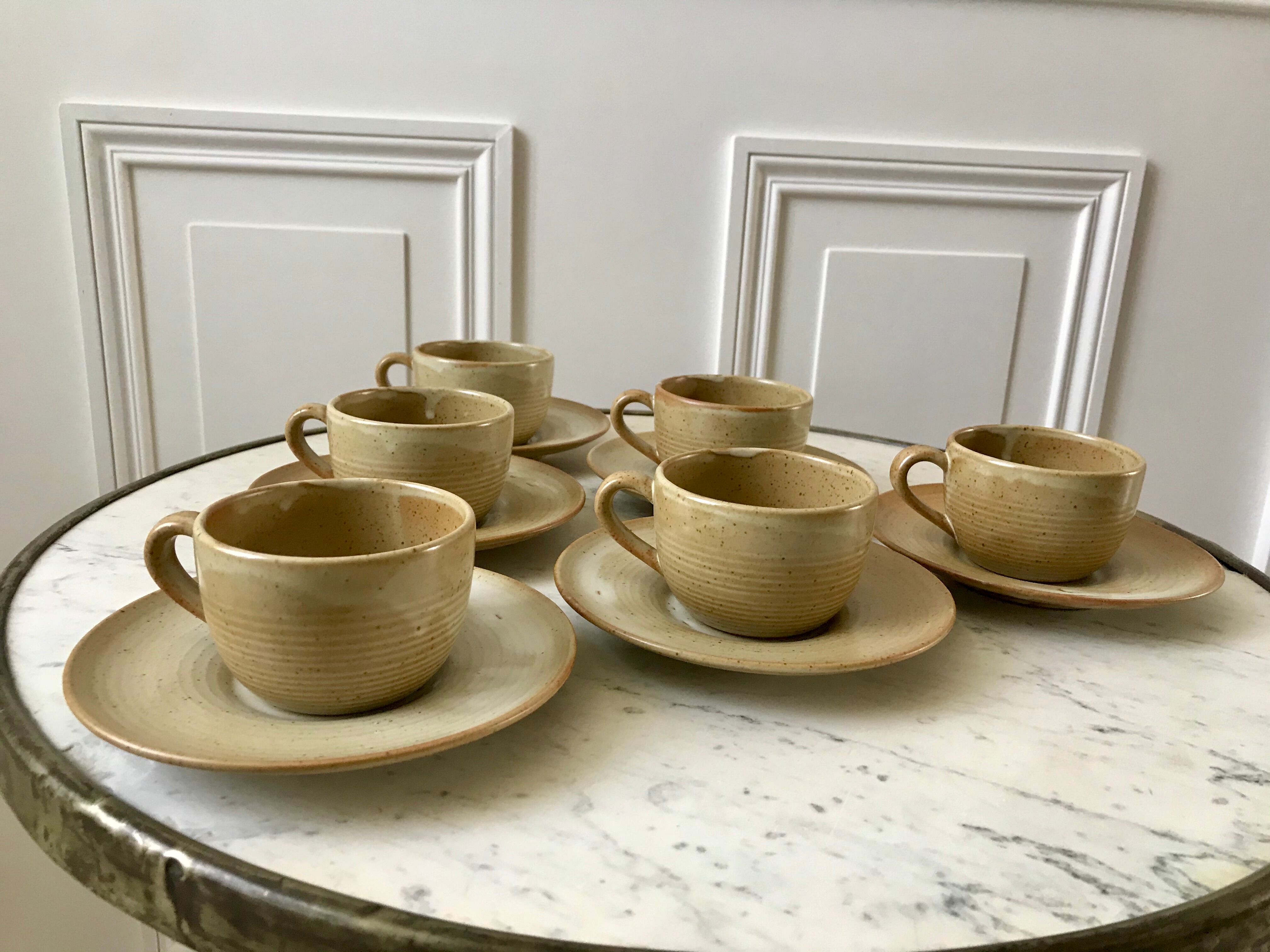 set of 6 stoneware cups and saucers Grès du Village 60s-70s
