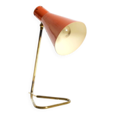Beautiful, Large Mid-Century Modern Brass Table Lamp with a Brick-Red Shade