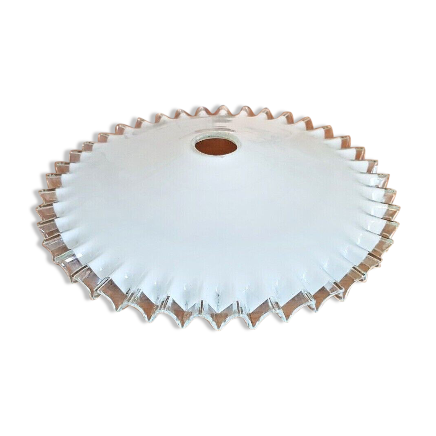 Vintage french frilled glass pendant shade white frosted glass clear edge 3649