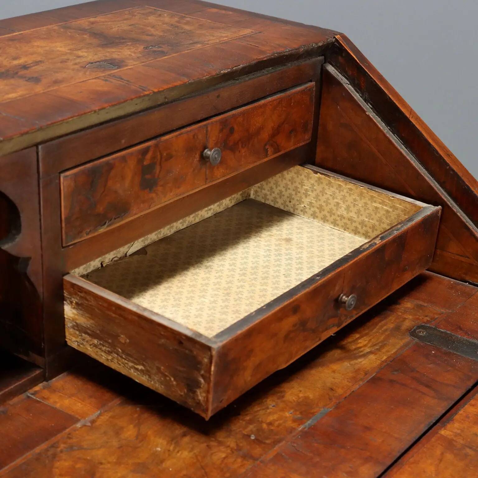 18th-century baroque secretary with a drop-down front in walnut and poplar.
